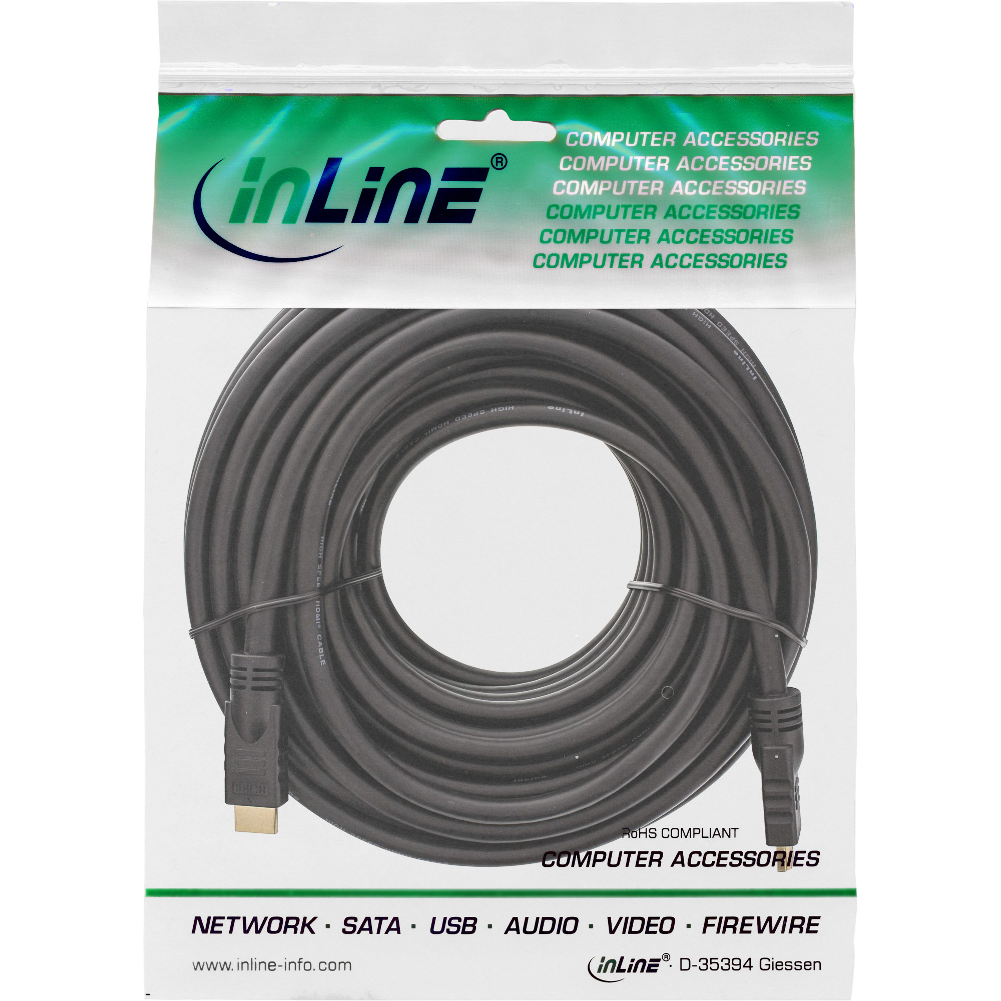 Ein schwarzes HDMI-Kabel in einer Plastikverpackung mit dem Text 'COMPUTER ZUBEHÖR' und einem Logo.