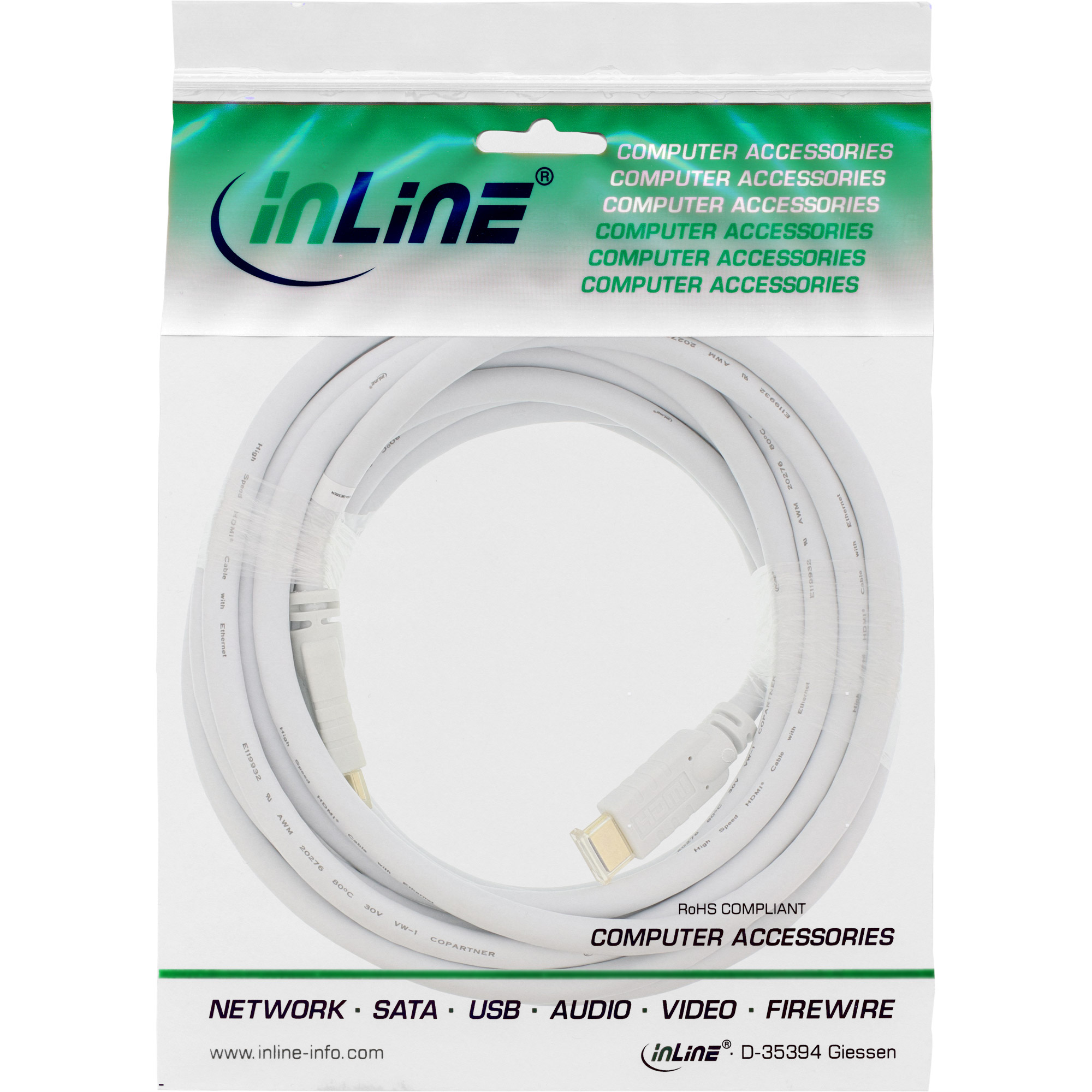 Weißes Kabel in Plastiktüte mit Aufdruck.