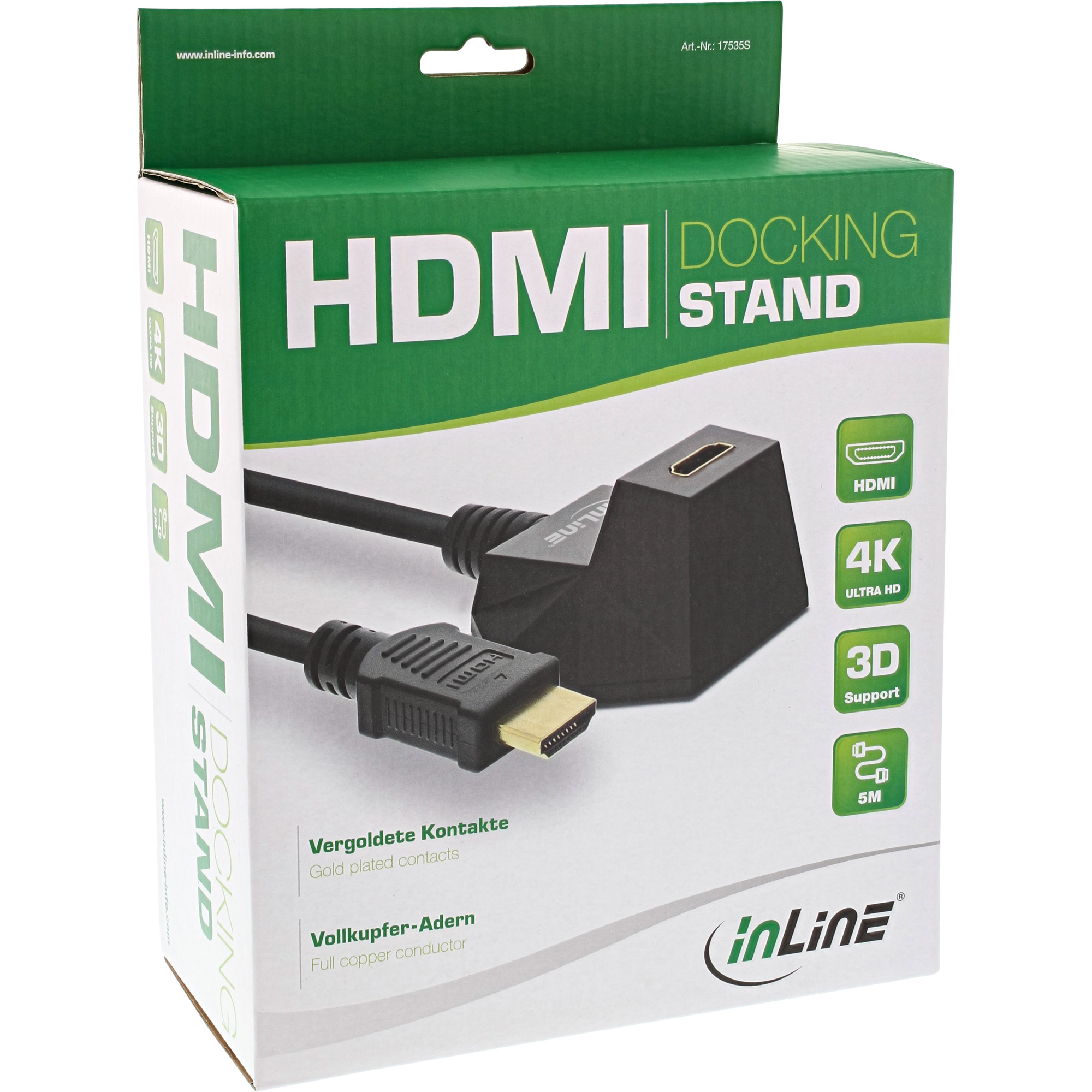 Zwarte HDMI docking stand in een doos. Met HDMI, 4K, 3D ondersteuning.
