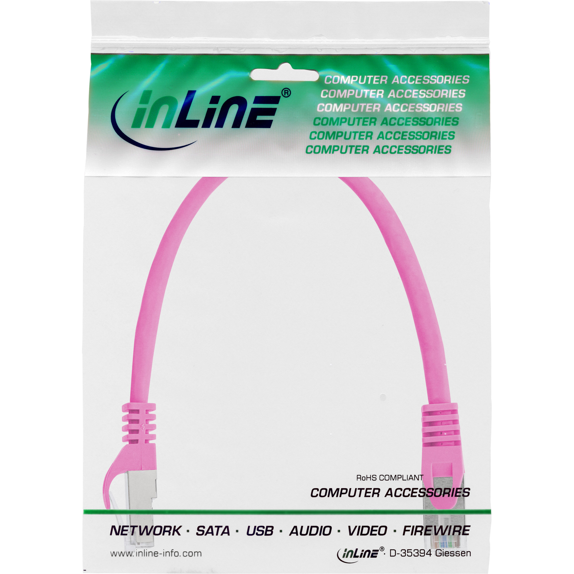 Cavo Ethernet rosa in sacchetto di plastica sigillato. Testo: 'Accessori per computer'.
