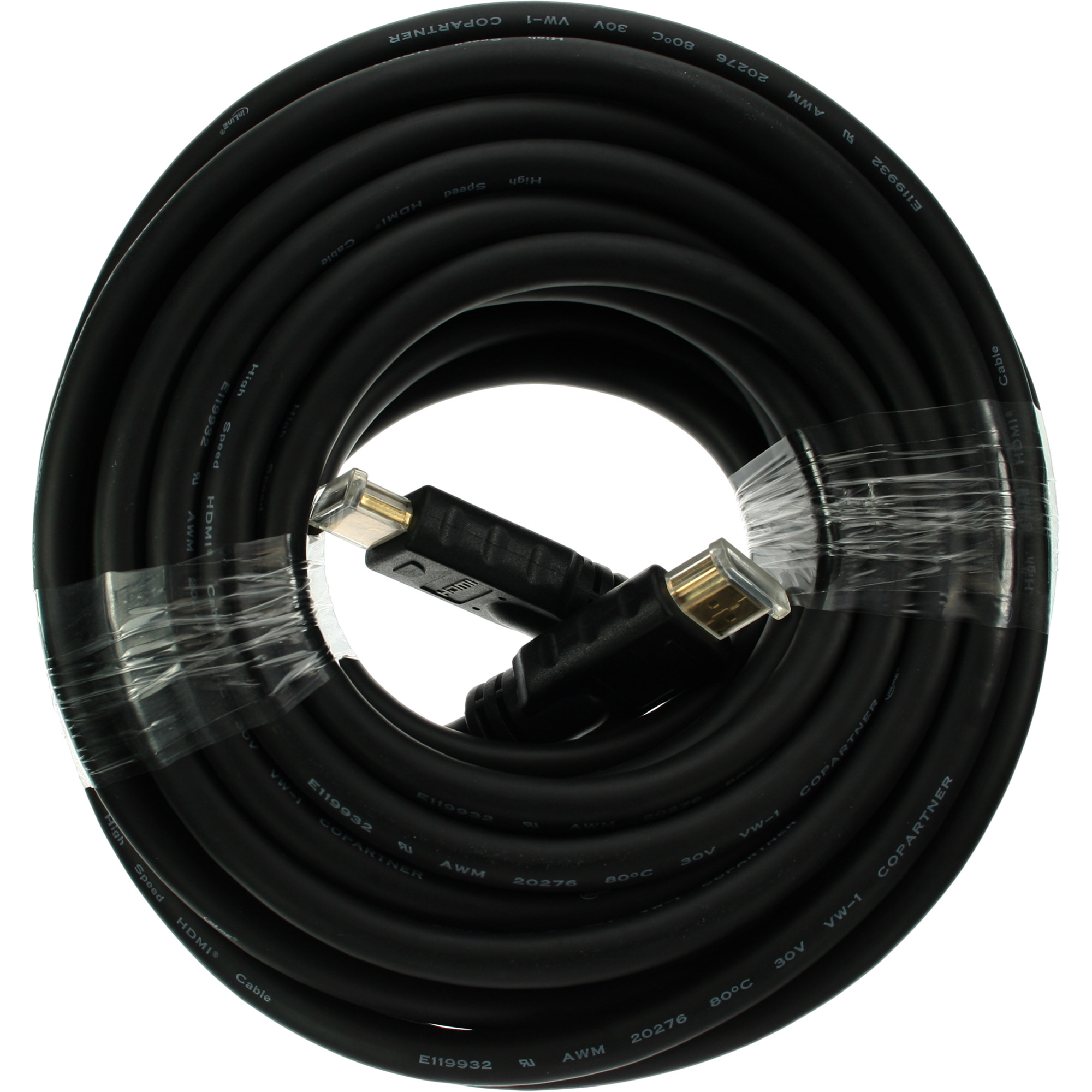 Ein aufgerolltes schwarzes HDMI-Kabel mit Steckern, zusammengehalten mit transparentem Klebeband.