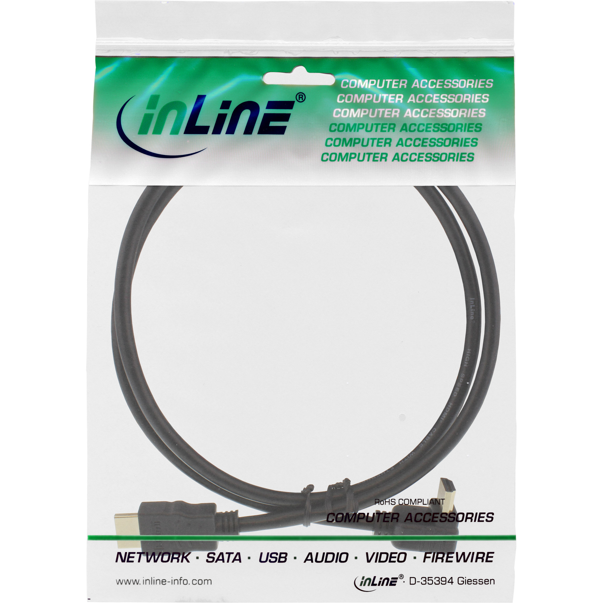 Schwarzes Kabel in Plastiktüte mit Aufdruck.