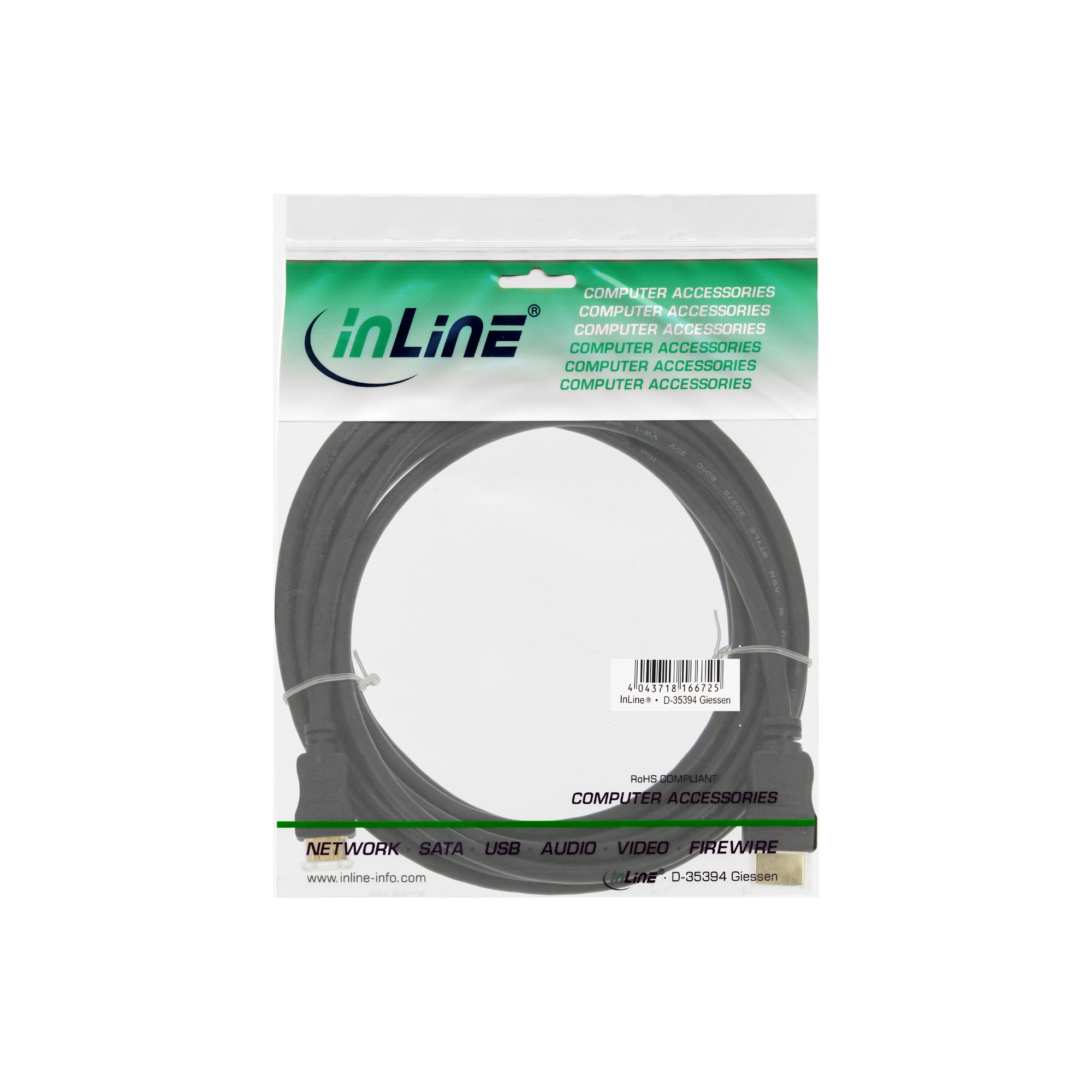 Câble HDMI noir enroulé dans un emballage transparent, étiqueté 'Computer Accessories'.