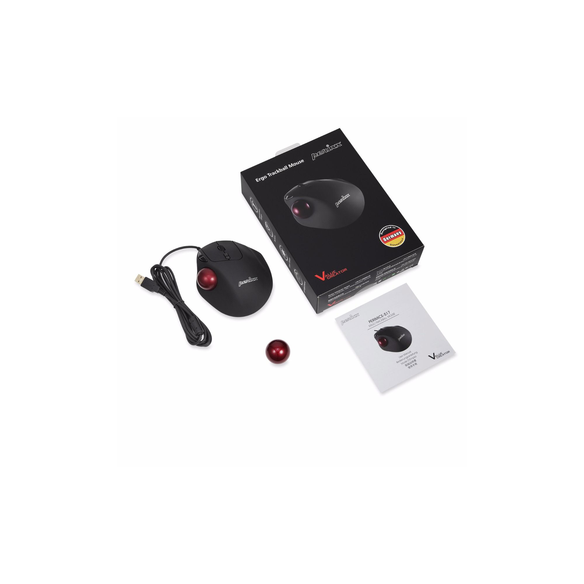Schwarze Trackball-Maus mit roter Kugel, Box und Handbuch auf weißer Oberfläche.