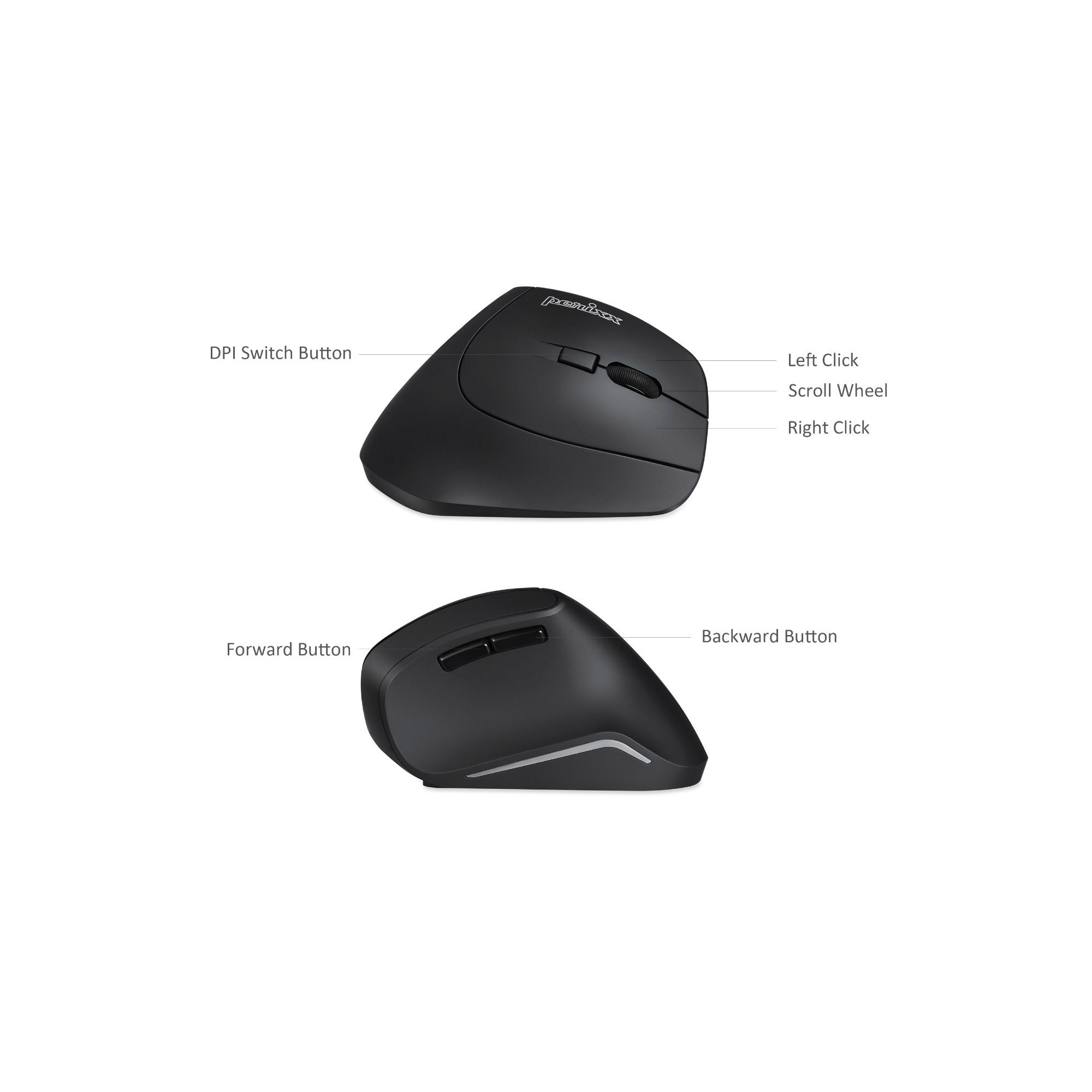 Schwarze ergonomische Maus mit beschrifteten Tasten: DPI-Schalter, Scrollrad, Links, Rechts, Vorwärts, Rückwärts.