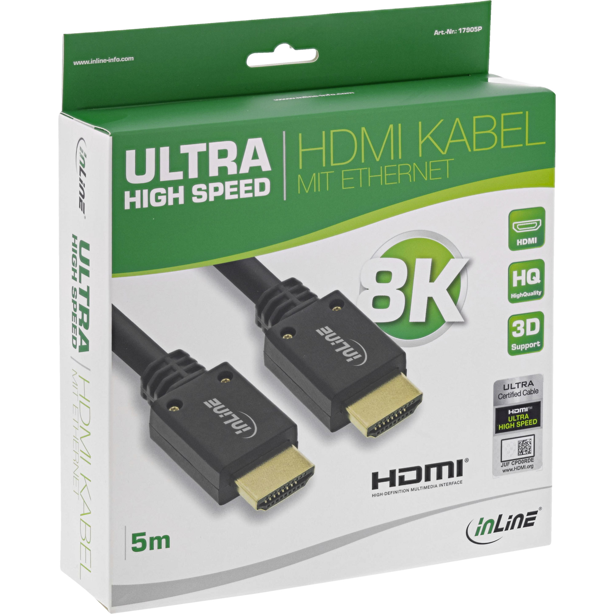 Doos met Ultra High Speed HDMI-kabel, 8K-ondersteuning, zwarte kabels, 5m lengte.