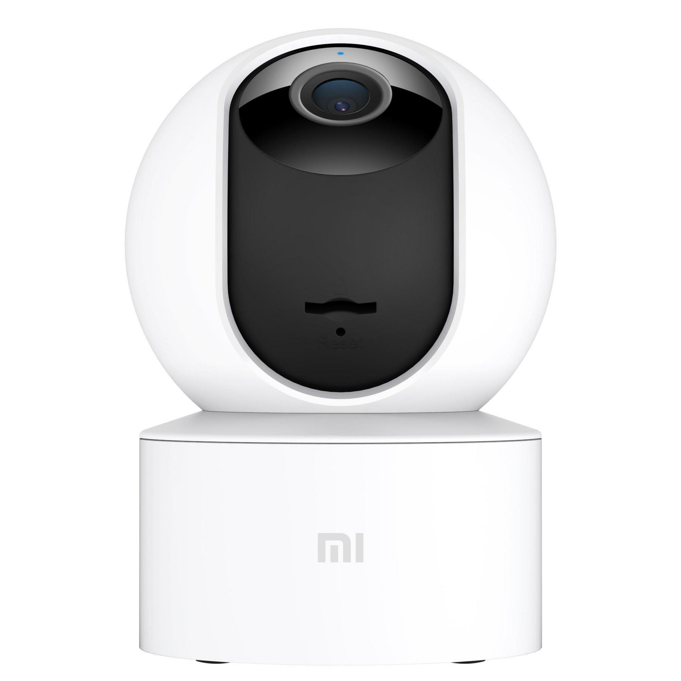 Una telecamera di sicurezza bianca con un obiettivo nero, montata su una base bianca, con il logo Xiaomi.