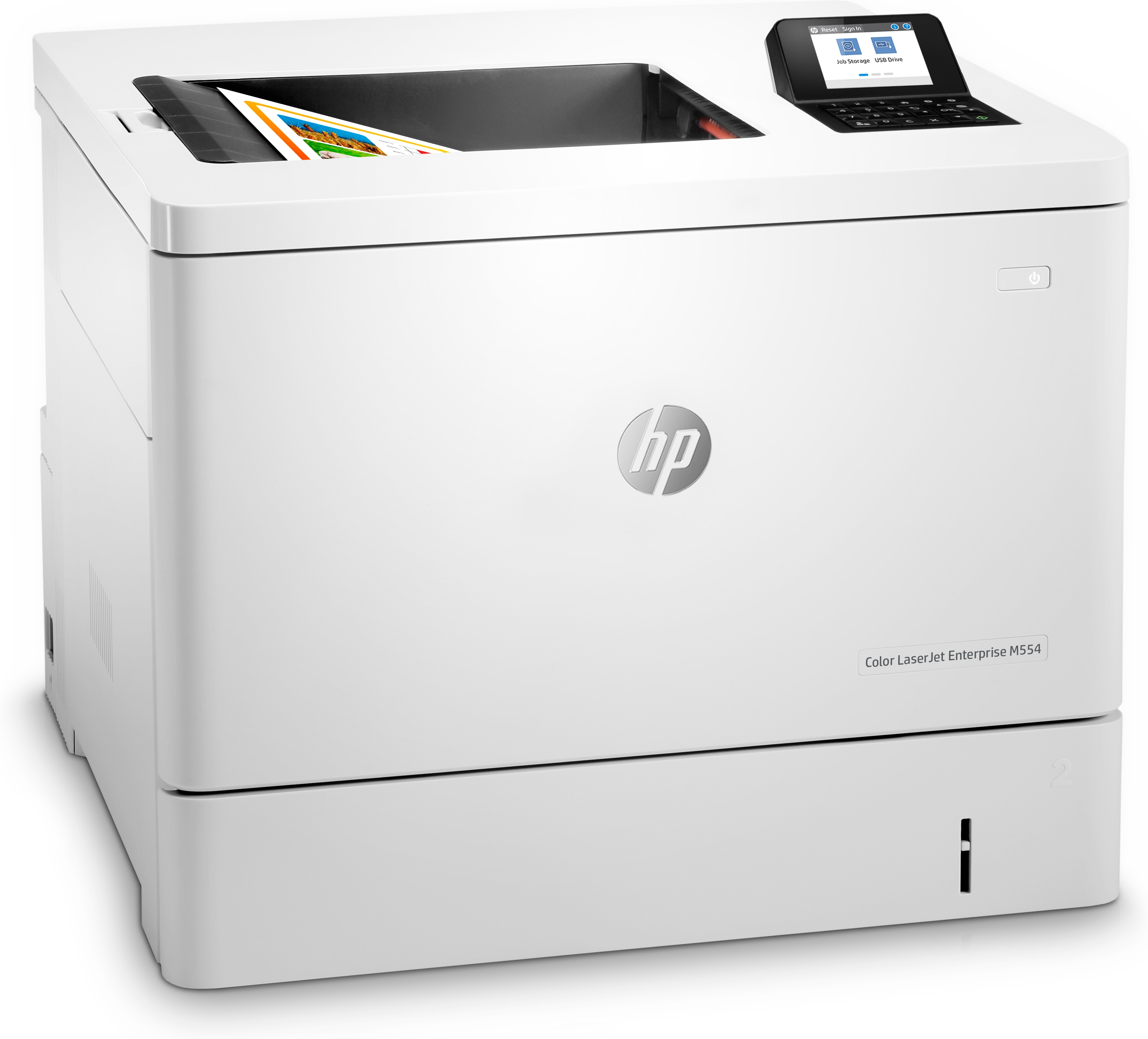 Biała drukarka HP Color LaserJet. Papier A4 w podajniku. Panel sterowania na górze. Białe tło.