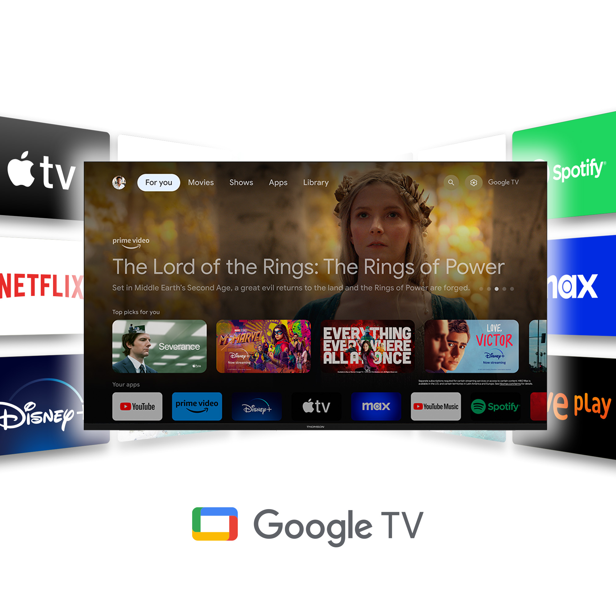 Una pantalla de Google TV que muestra aplicaciones de streaming, películas y programas, rodeada de logotipos de aplicaciones.