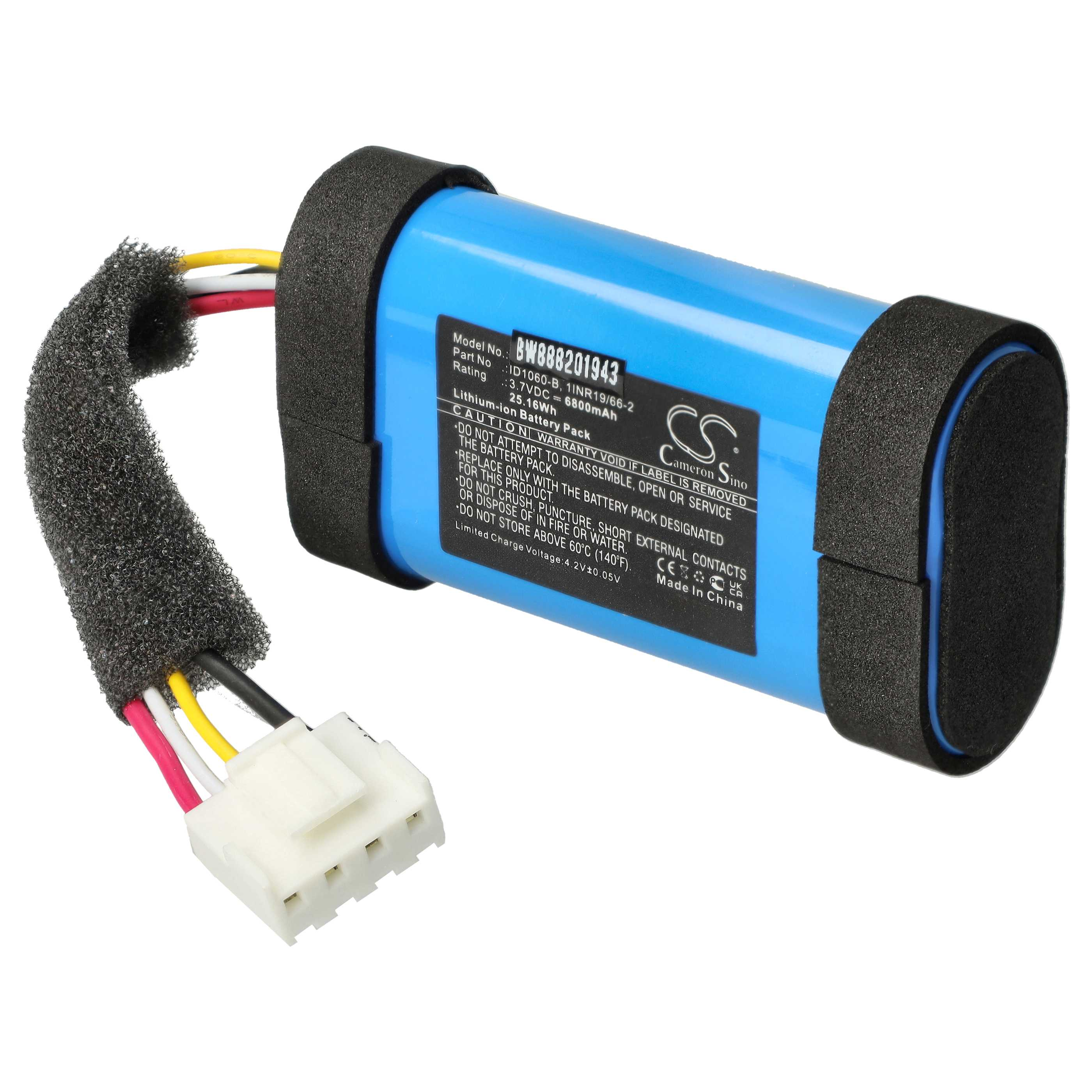 Ein blaues zylindrisches Akkupack mit angebrachten Drähten und einem Stecker.