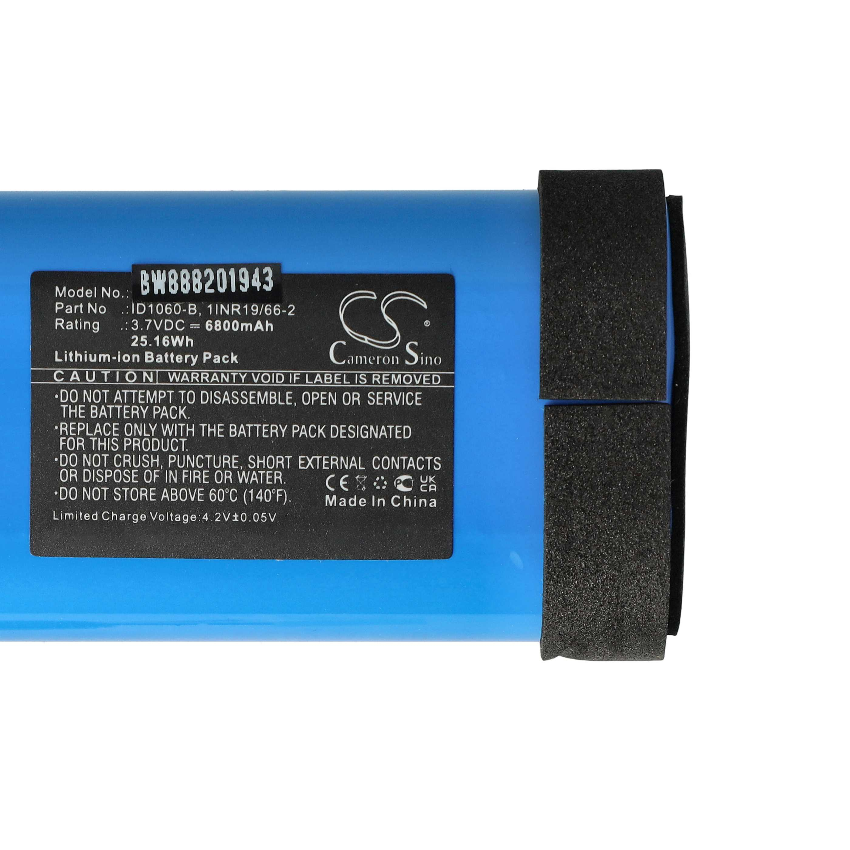 Eine blaue Batterie mit schwarzem Schaumstoff. Text enthält Modell, Nennwert und Warnhinweise.