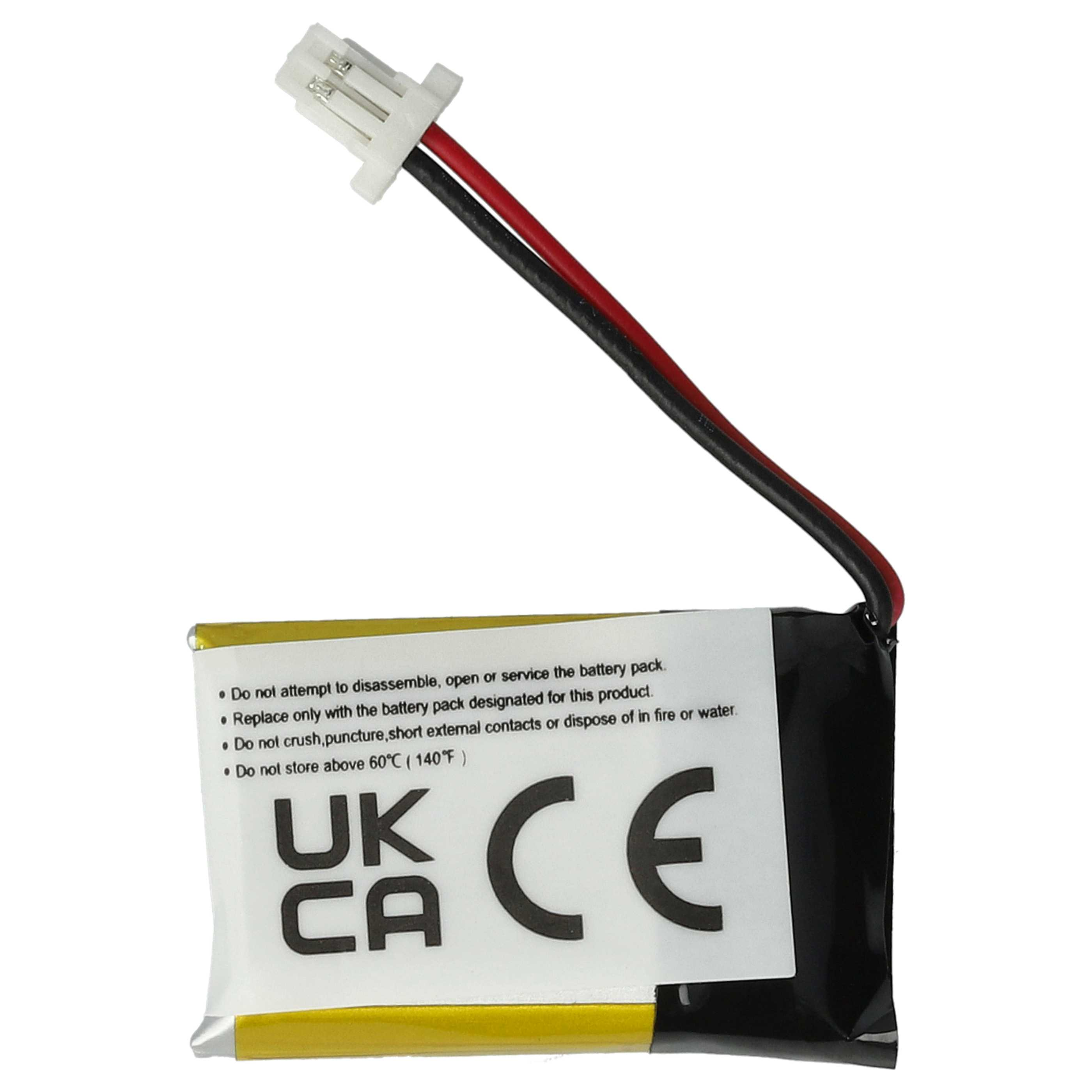 Batterie mit Kabeln und Warnhinweisen. UK CA und CE Label sichtbar.