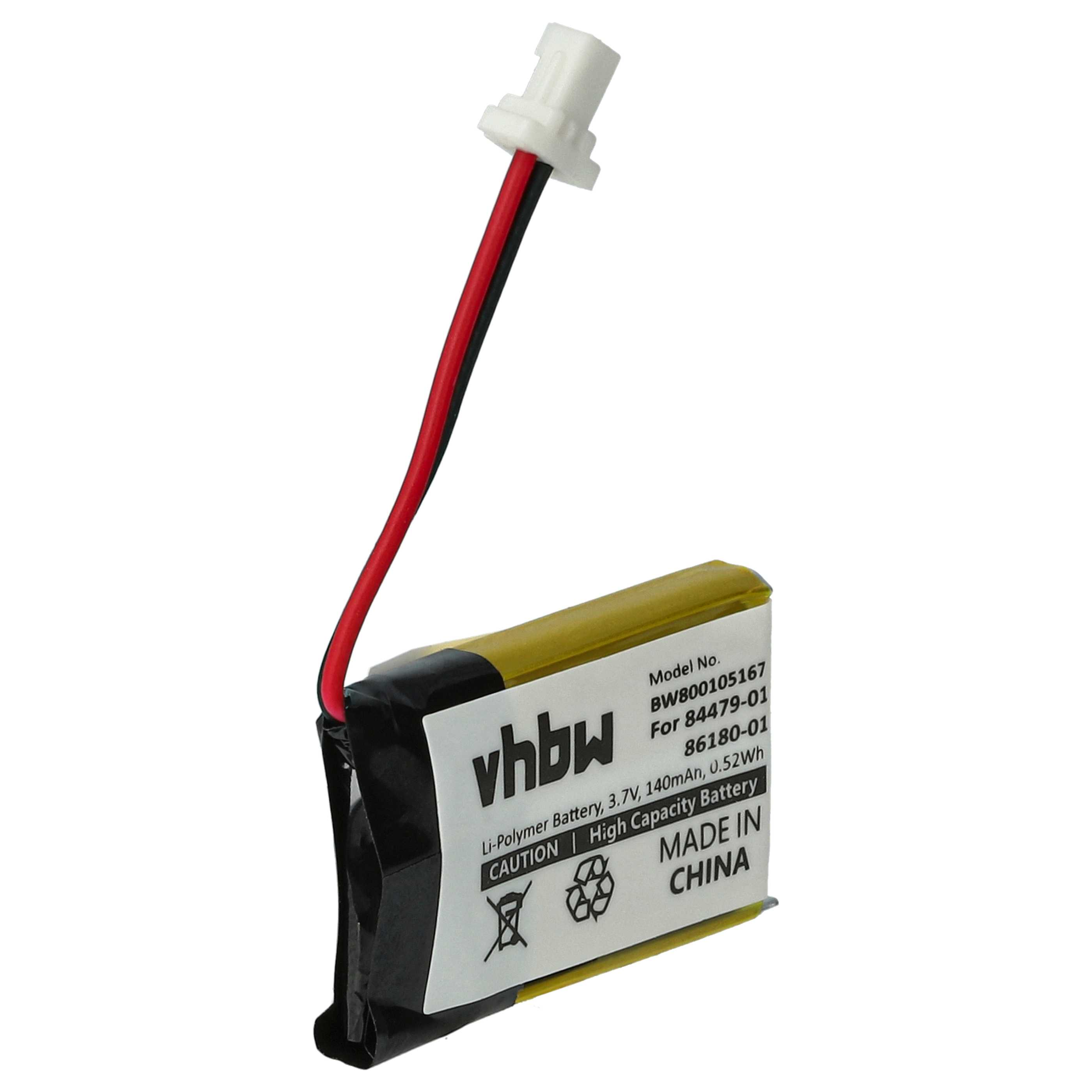 Weiß-goldene Batterie mit roten und schwarzen Drähten. Text auf der Batterie lautet vhbw.