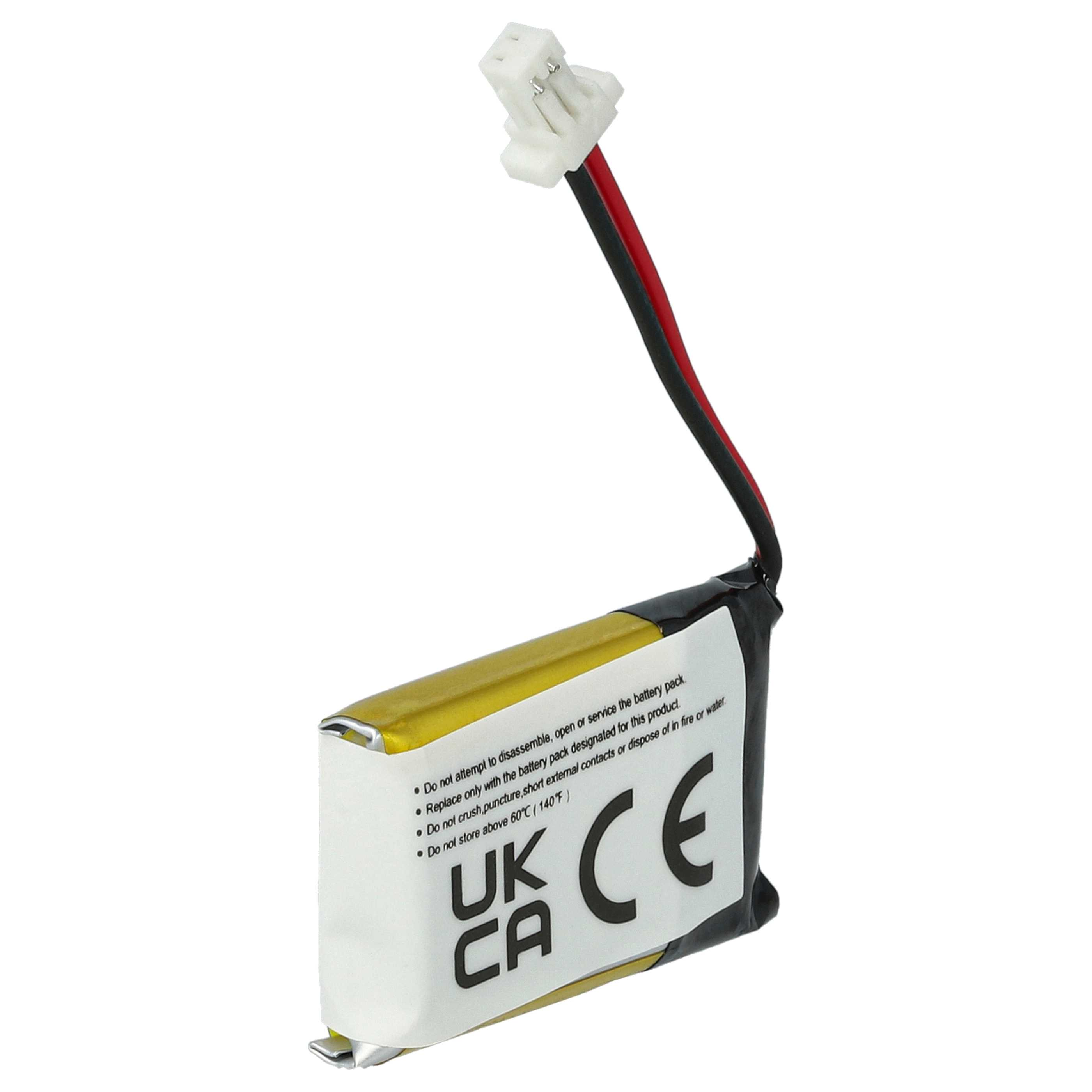 Kleine Batterie mit Drähten und Stecker. Weißes Etikett mit Warnungen und CE-Zeichen.