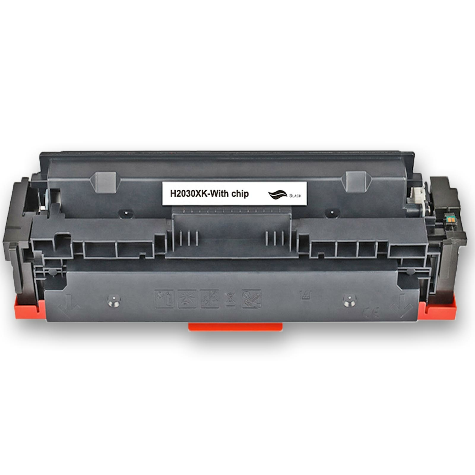 Schwarze Tonerkartusche mit roter Akzentfarbe und Textetikett, auf weißem Grund.