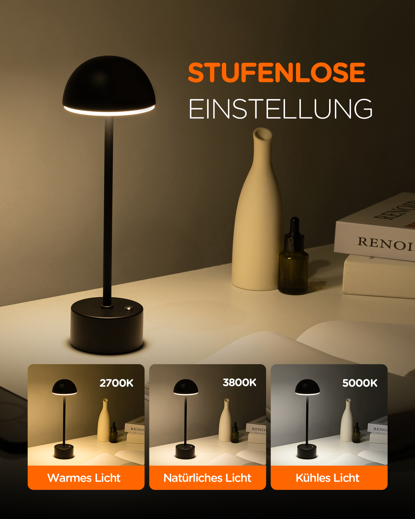 Schwarze Tischlampe mit geschwungenem Schirm, gezeigt unter verschiedenen Lichteinstellungen: warm, natürlich und kühl.