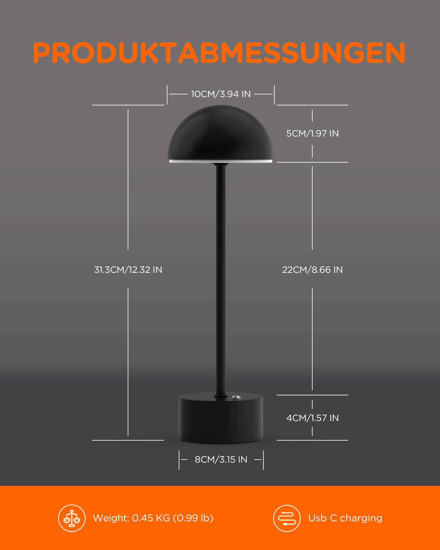 Eine schwarze moderne Lampe mit Maßen. Sie hat einen schwarzen Sockel, einen langen Stiel und einen schwarzen Schirm.