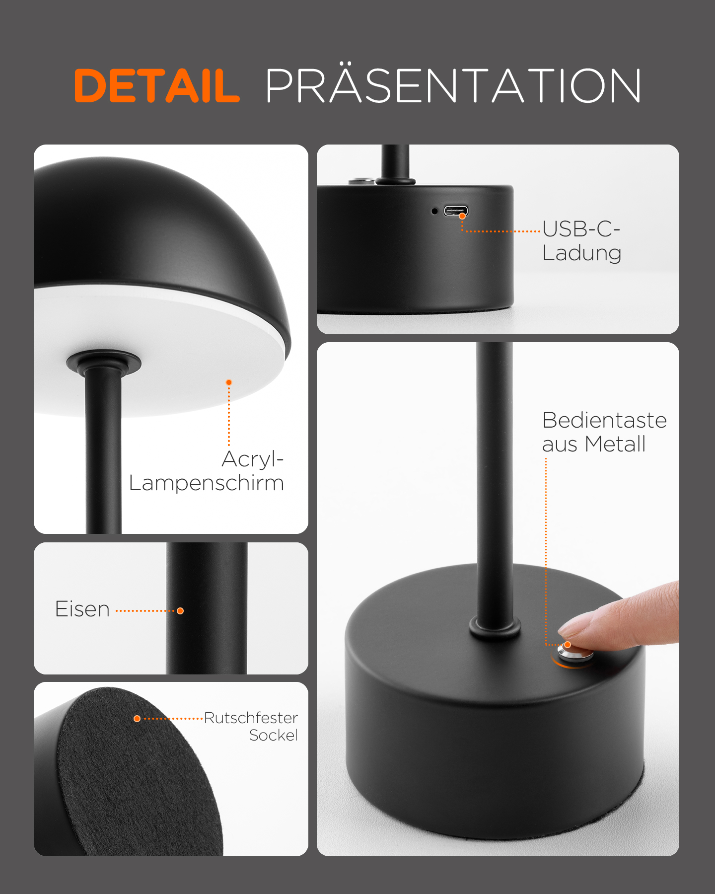 Detaillierte Ansicht einer schwarzen Lampe mit Beschriftungen, die auf Merkmale wie Lampenschirm, Sockel und USB-C-Laden hinweisen.