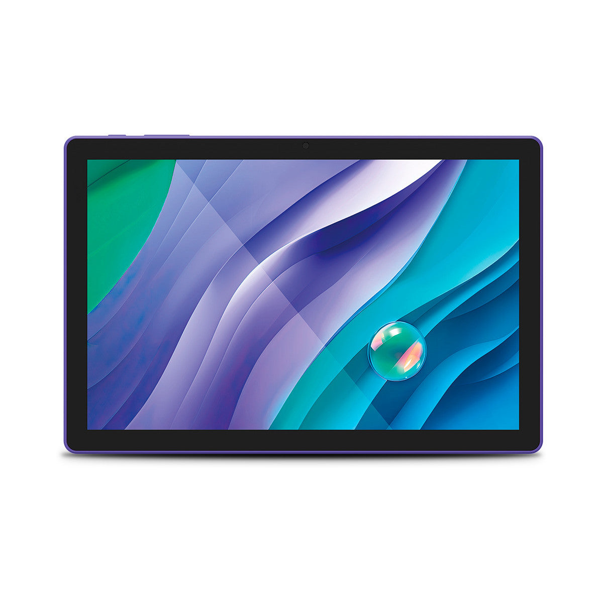 Un tablet viola con un display che mostra grafica astratta. Ha una fotocamera in alto.