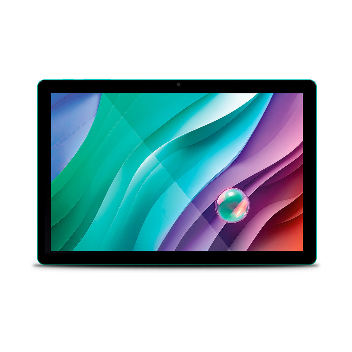 Un tablet turchese con uno schermo colorato che mostra un'immagine, visto frontalmente.