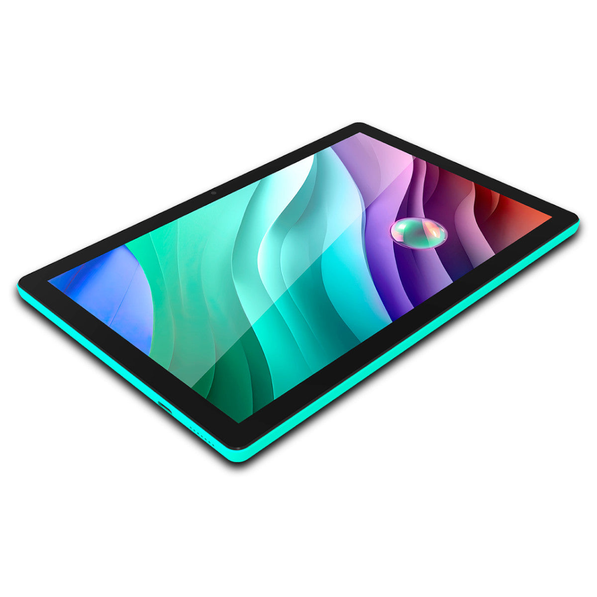 Un tablet con bordi turchese su sfondo bianco, angolato verso lo spettatore.