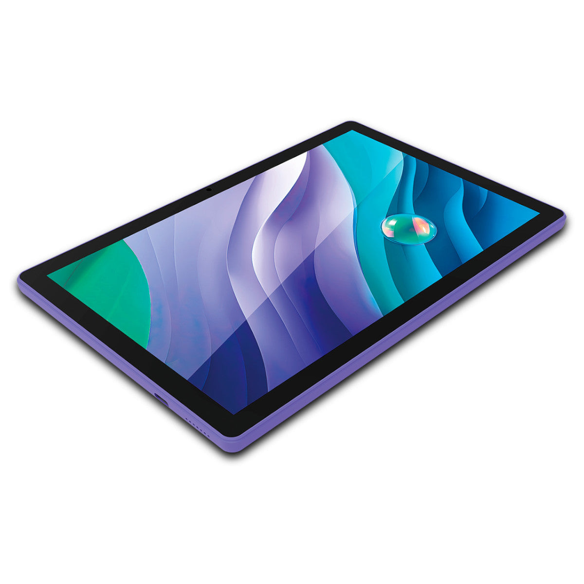 Tablet viola con schermo vibrante e colorato che mostra un design astratto; prospettiva.