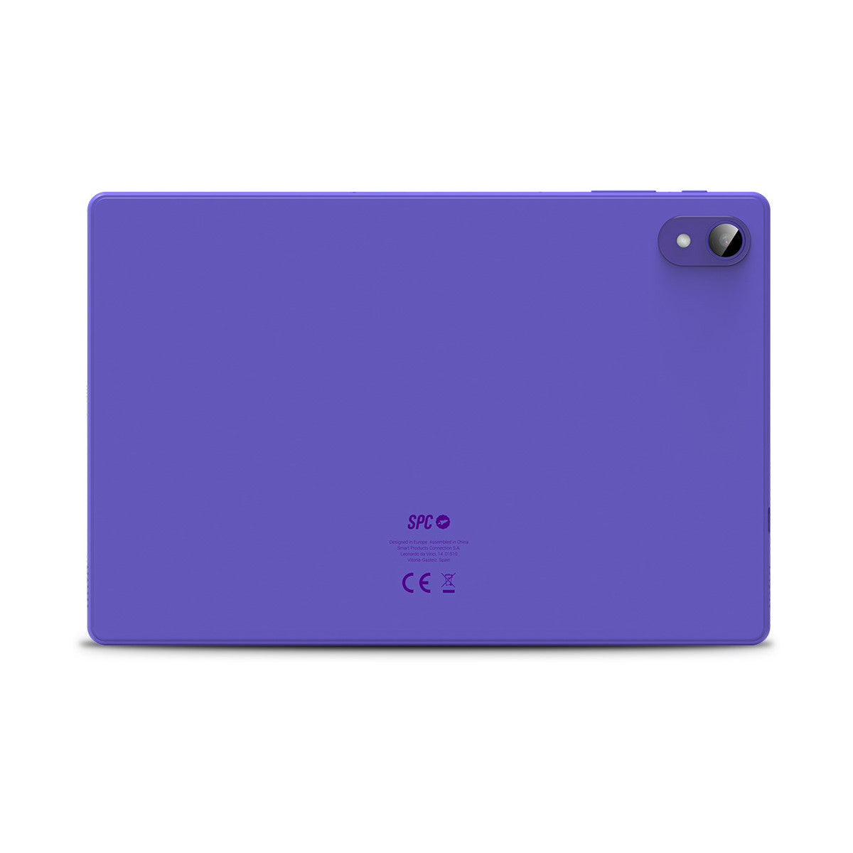 Tablet PC viola. Ha una fotocamera sul retro e il logo SPC.