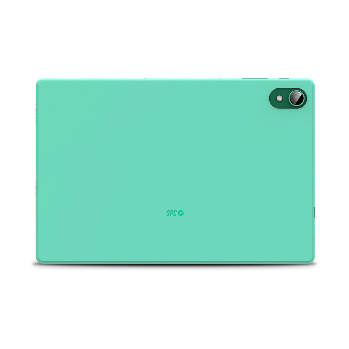 Tablet verde menta con fotocamera e logo SPC. È su uno sfondo semplice. Il retro è visibile.