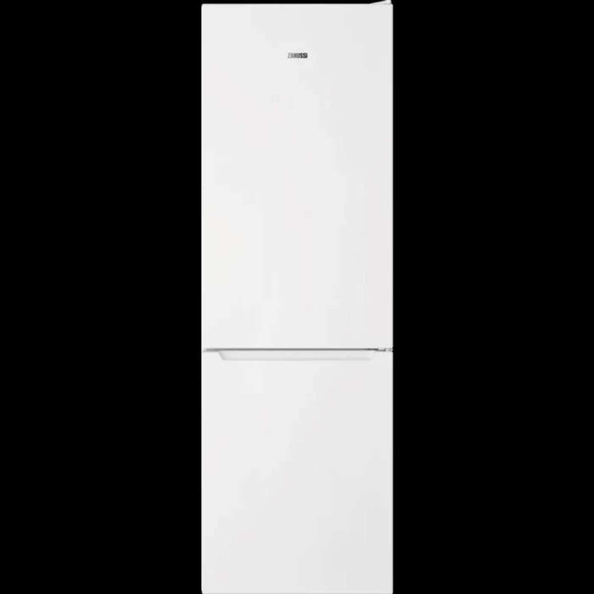 Un refrigerador blanco. Tiene dos puertas y la marca 'Zanussi' en la parte superior. El fondo es negro.