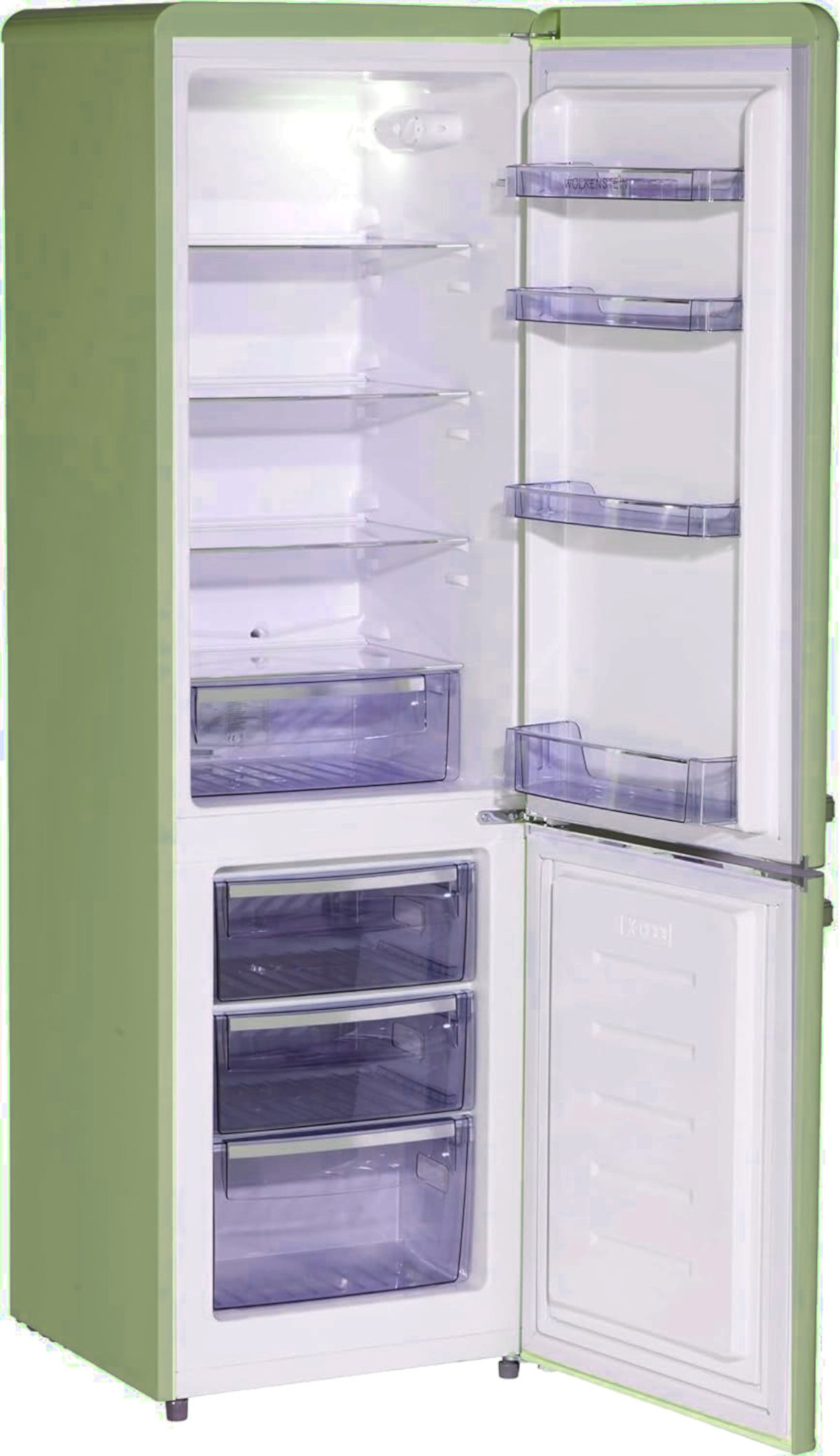 Ein grüner Kühlschrank mit offener Tür, die Regale, Schubladen und den Innenraum zeigt.