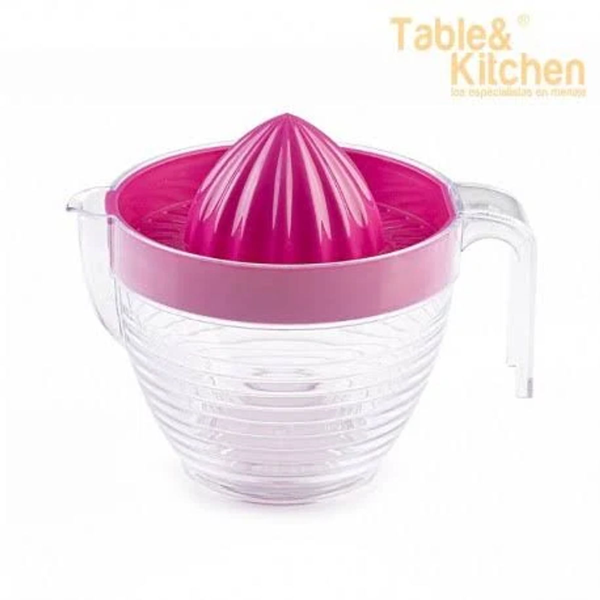 Spremiagrumi rosa e trasparente, con manico, su sfondo bianco. Marchio: Table & Kitchen.