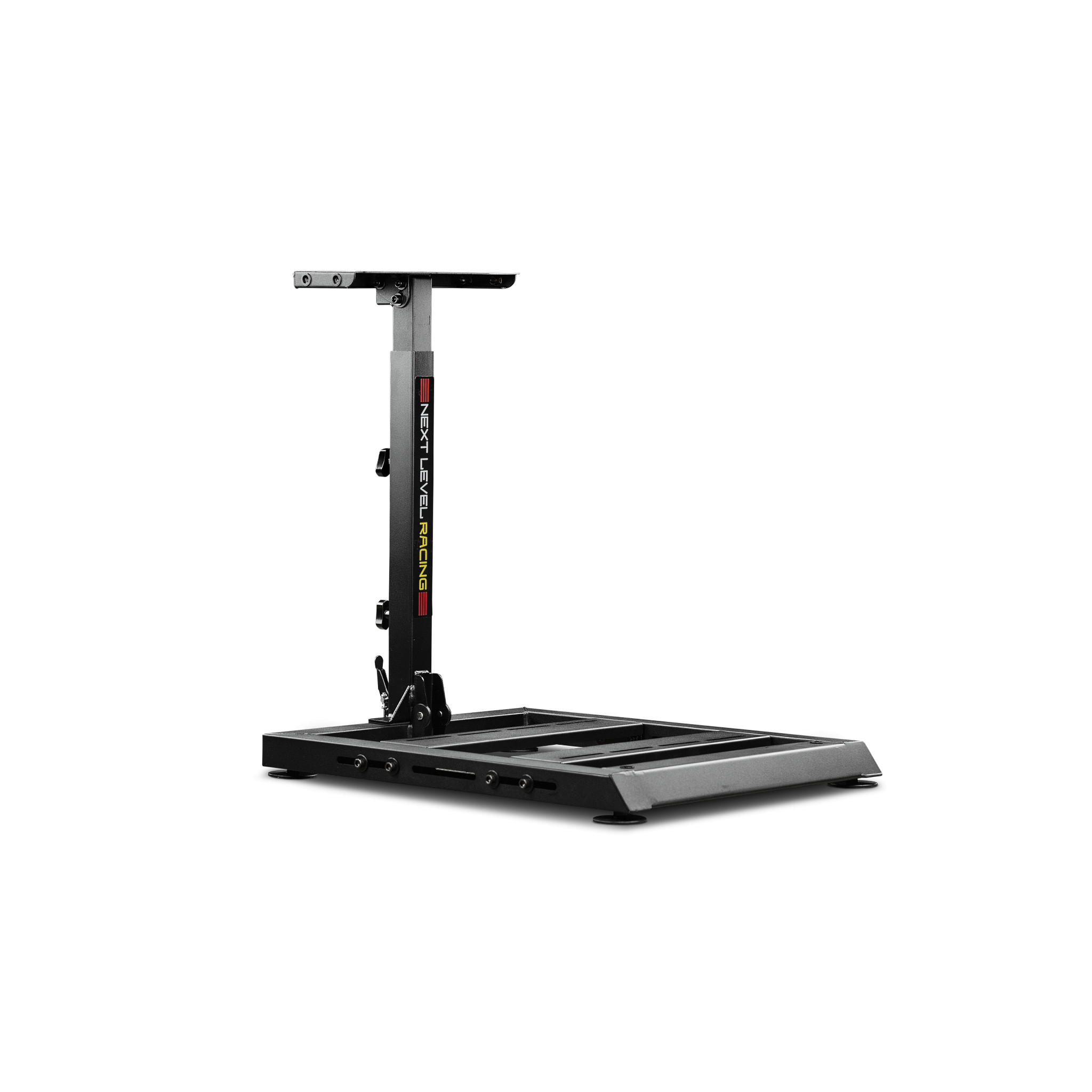 Un soporte de simulador de carreras negro y gris sobre un fondo blanco.