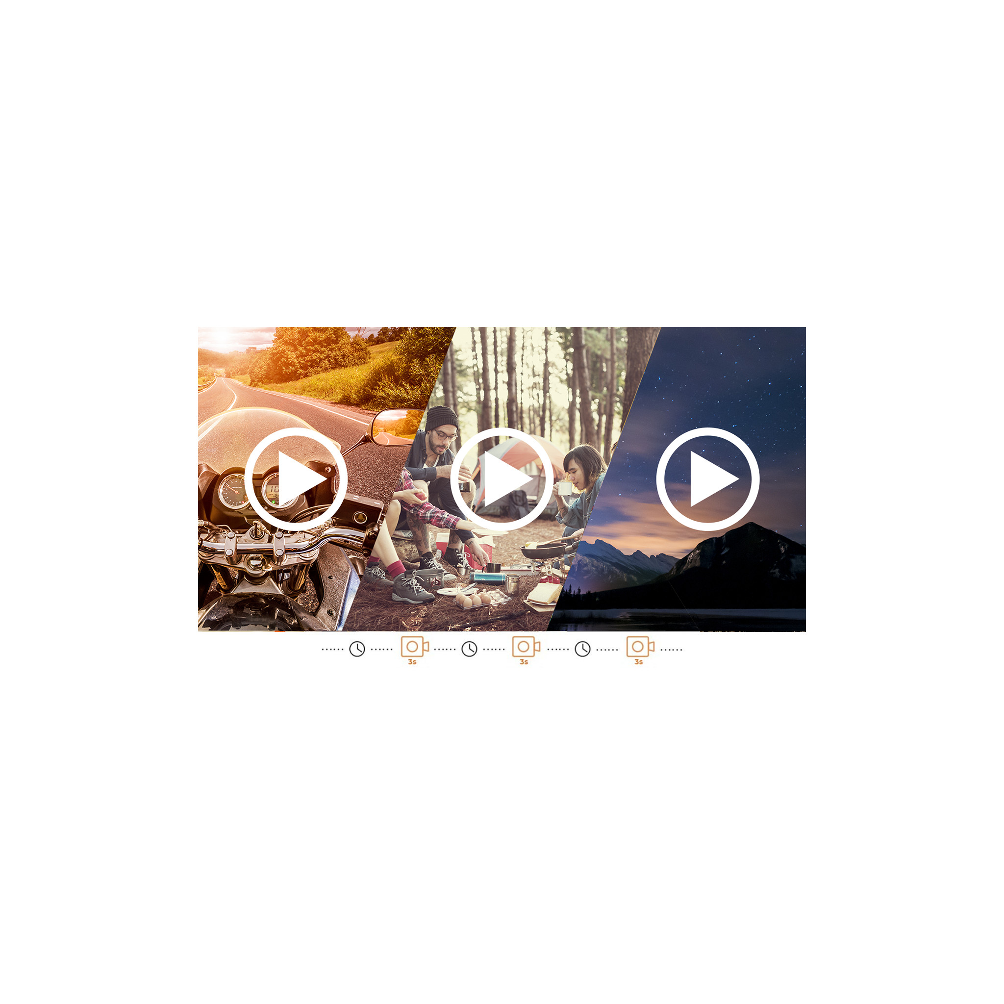 Compilazione video con tre scene: strada con moto, persone che cucinano e paesaggio notturno.