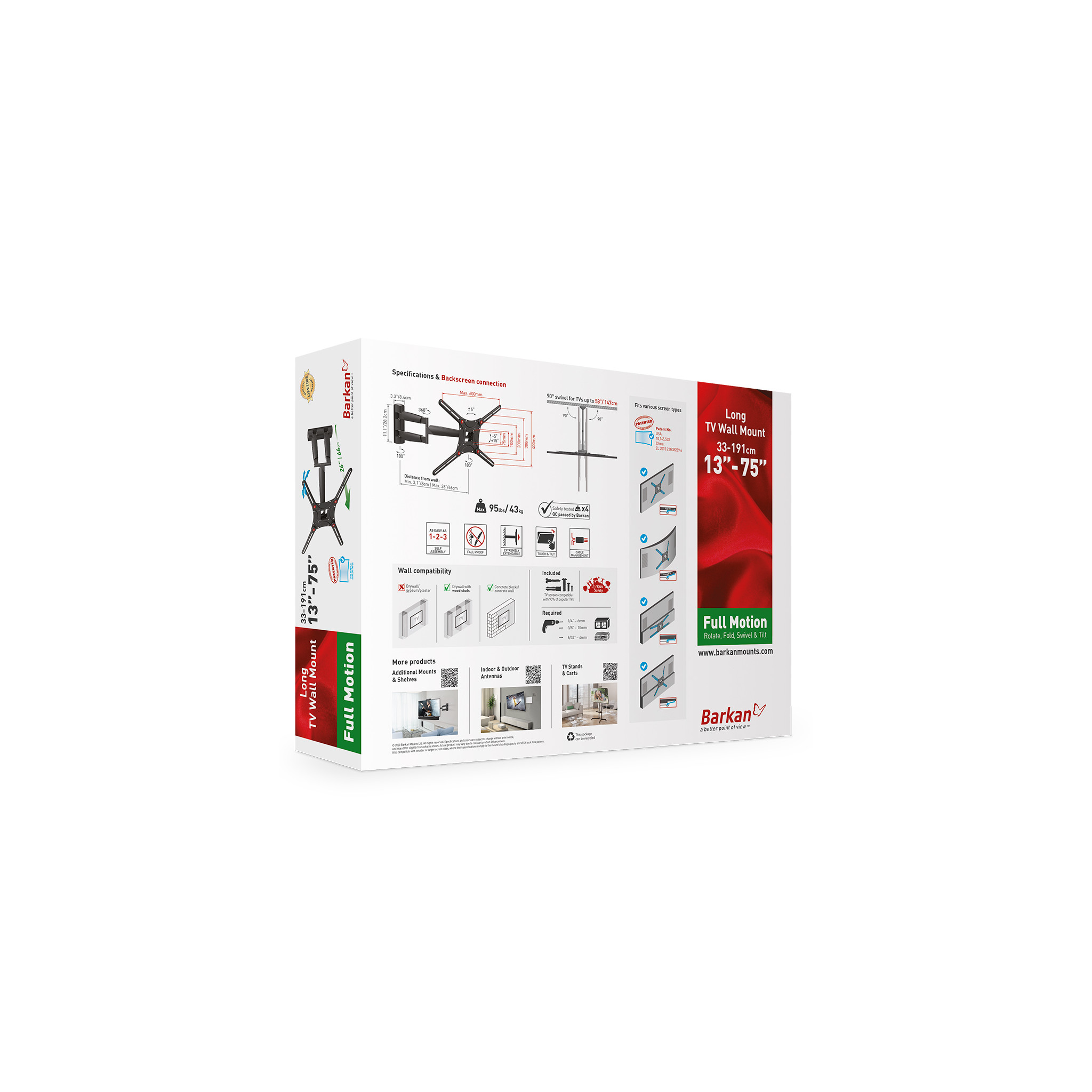 A box for a TV wall mount, displaying product specifications and features, and the brand name.
