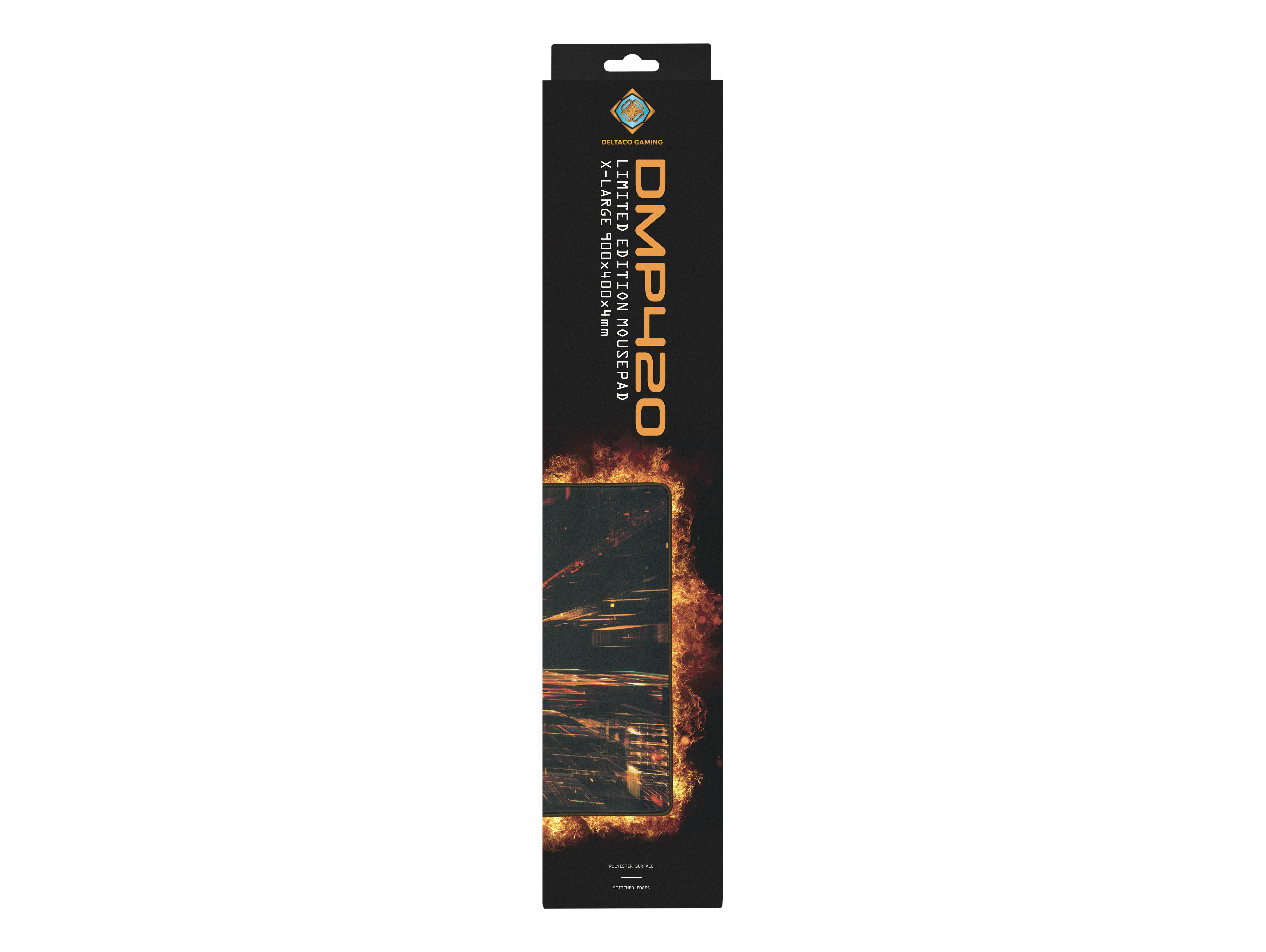 Scatola nera e arancione per mousepad, DMP420. Testo descrive il mousepad gaming.