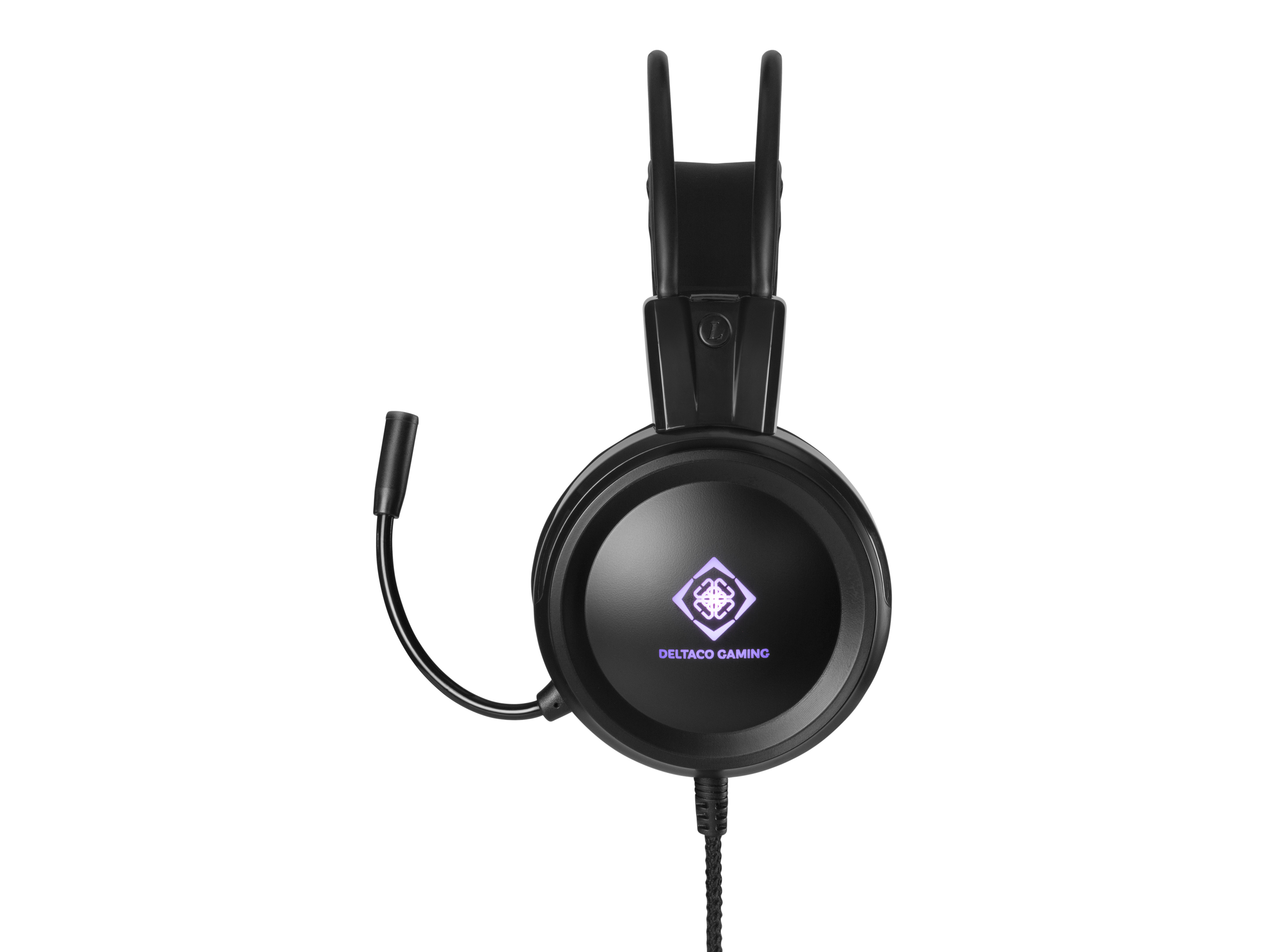 Schwarzes Gaming-Headset mit Mikrofon und Logo. Das Headset ist vor weißem Hintergrund isoliert.