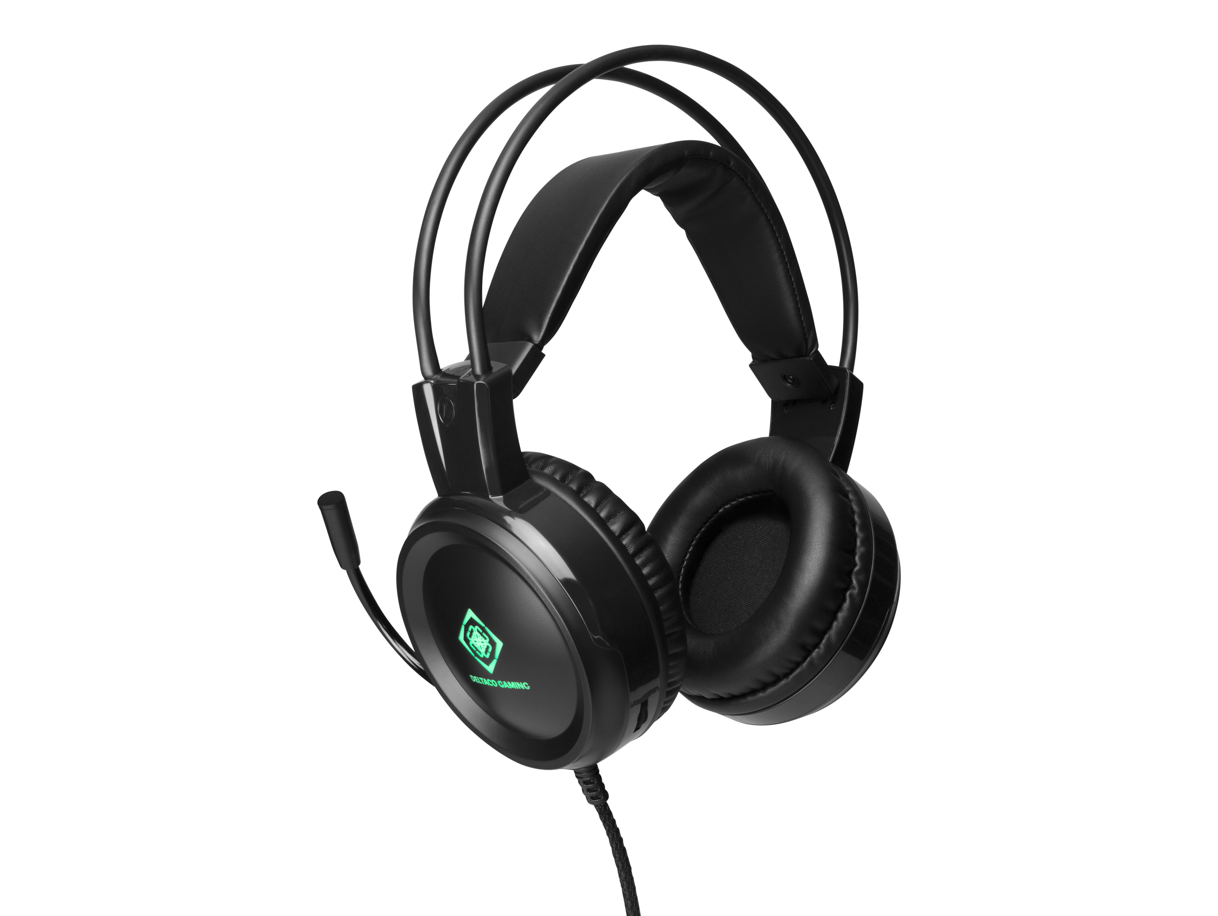 Ein schwarzes Gaming-Headset mit Mikrofon auf weißem Hintergrund.