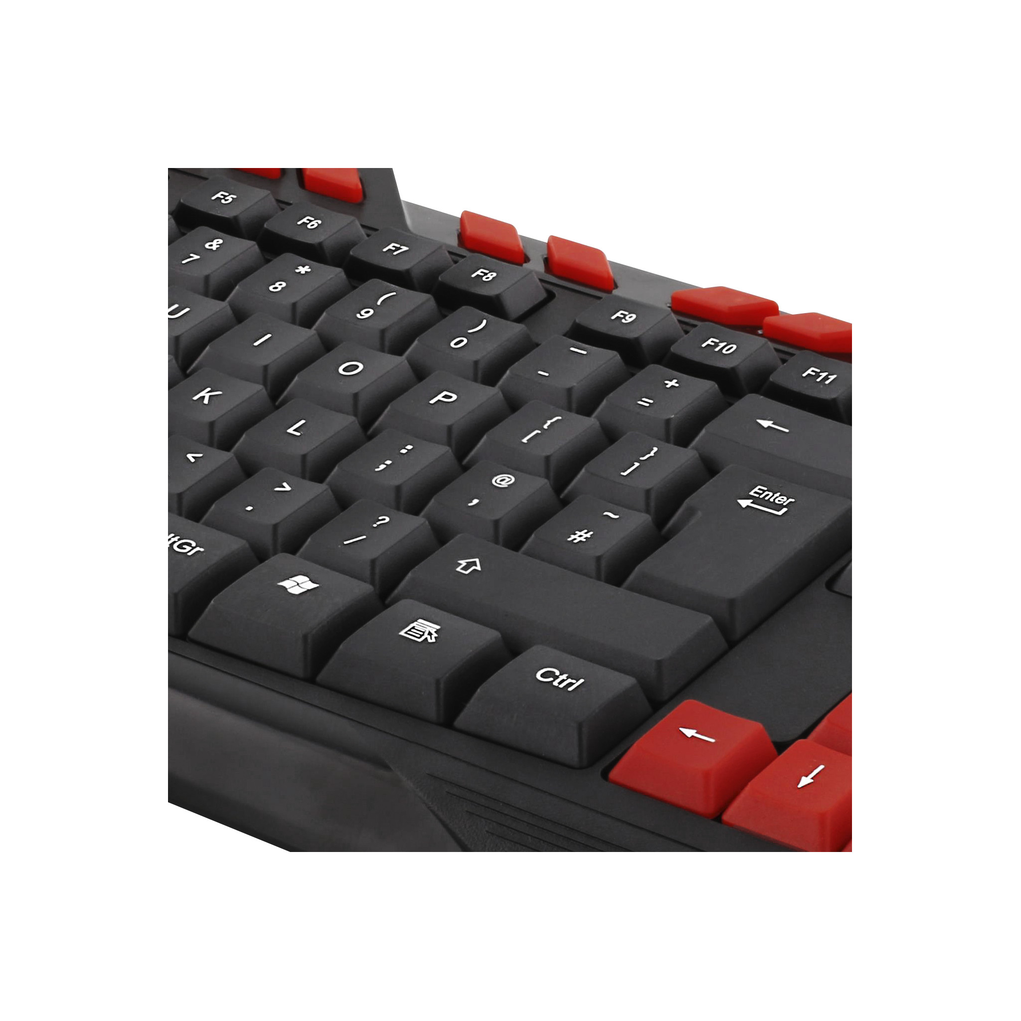 Nahaufnahme einer schwarzen Tastatur mit roten Tasten, zeigt die Tasten und Layout.