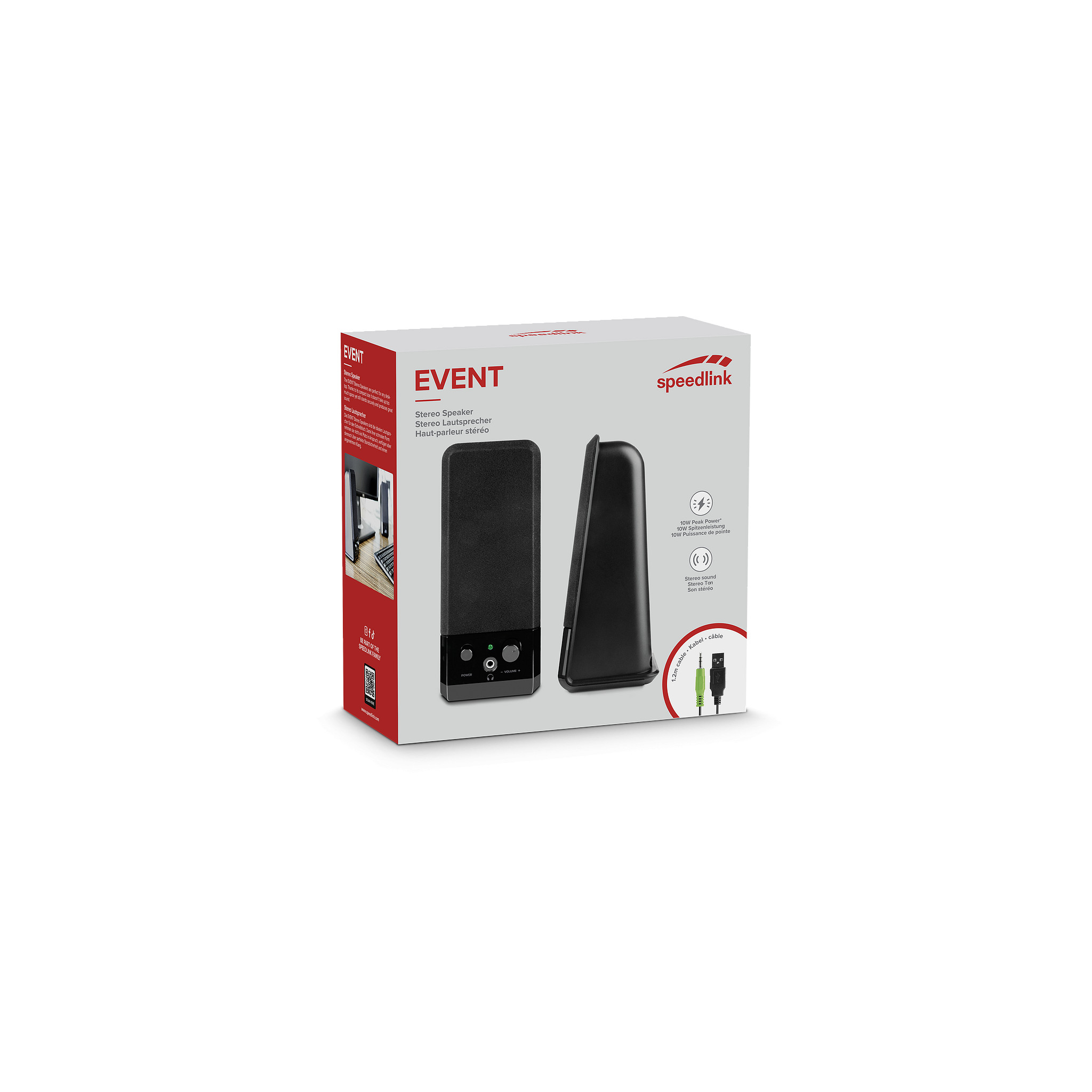 Black stereo speakers with a box and a white background, with cables and the box.