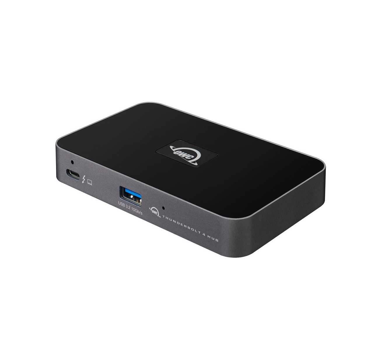Hub Thunderbolt 4 nero OWC. Ha porte USB e alimentazione, con il logo OWC.