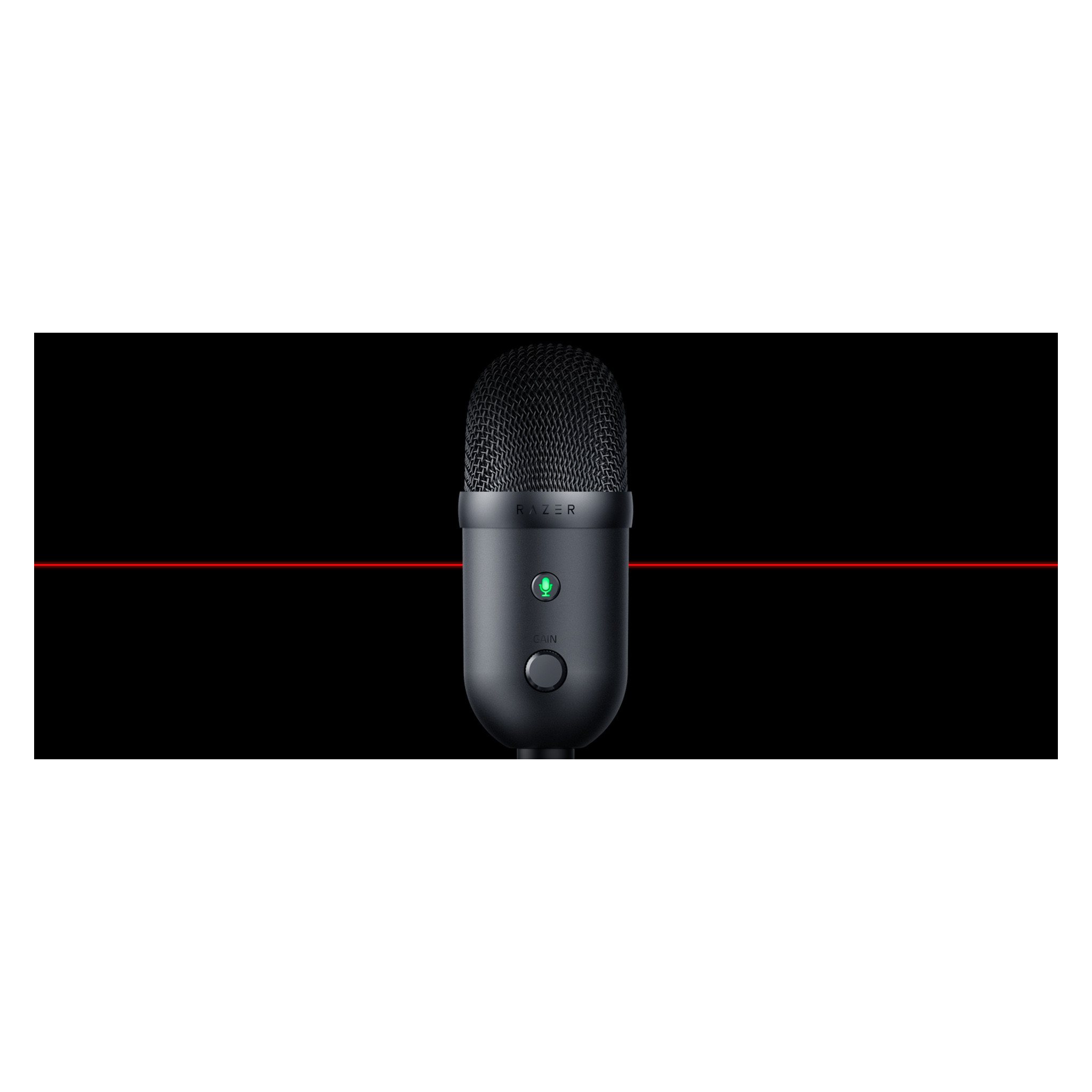 Czarny mikrofon Razer, z zielonym światłem, na czarnym tle z czerwoną linią.