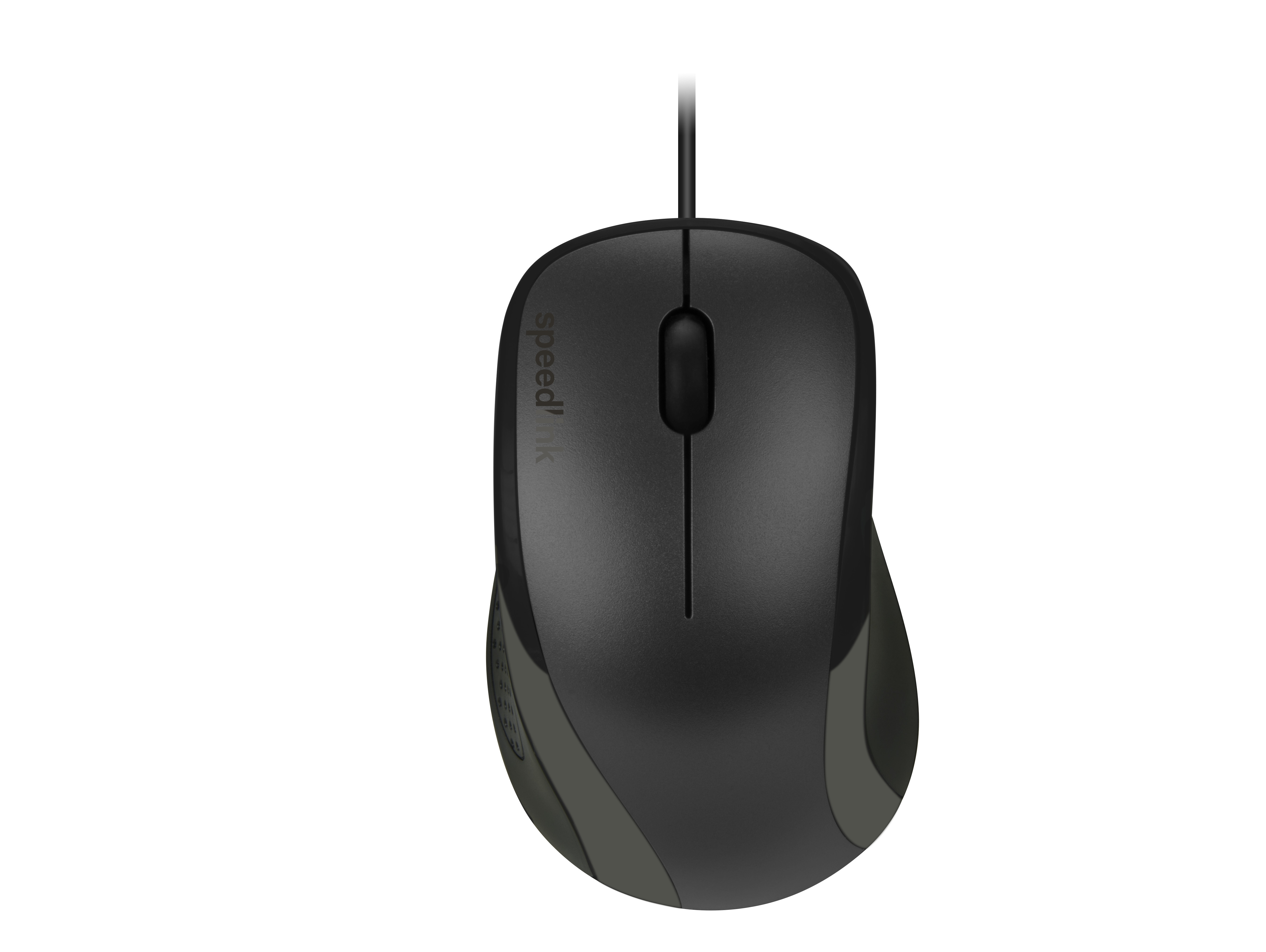 Une souris d'ordinateur noire avec le logo Speedlink, sur fond blanc.