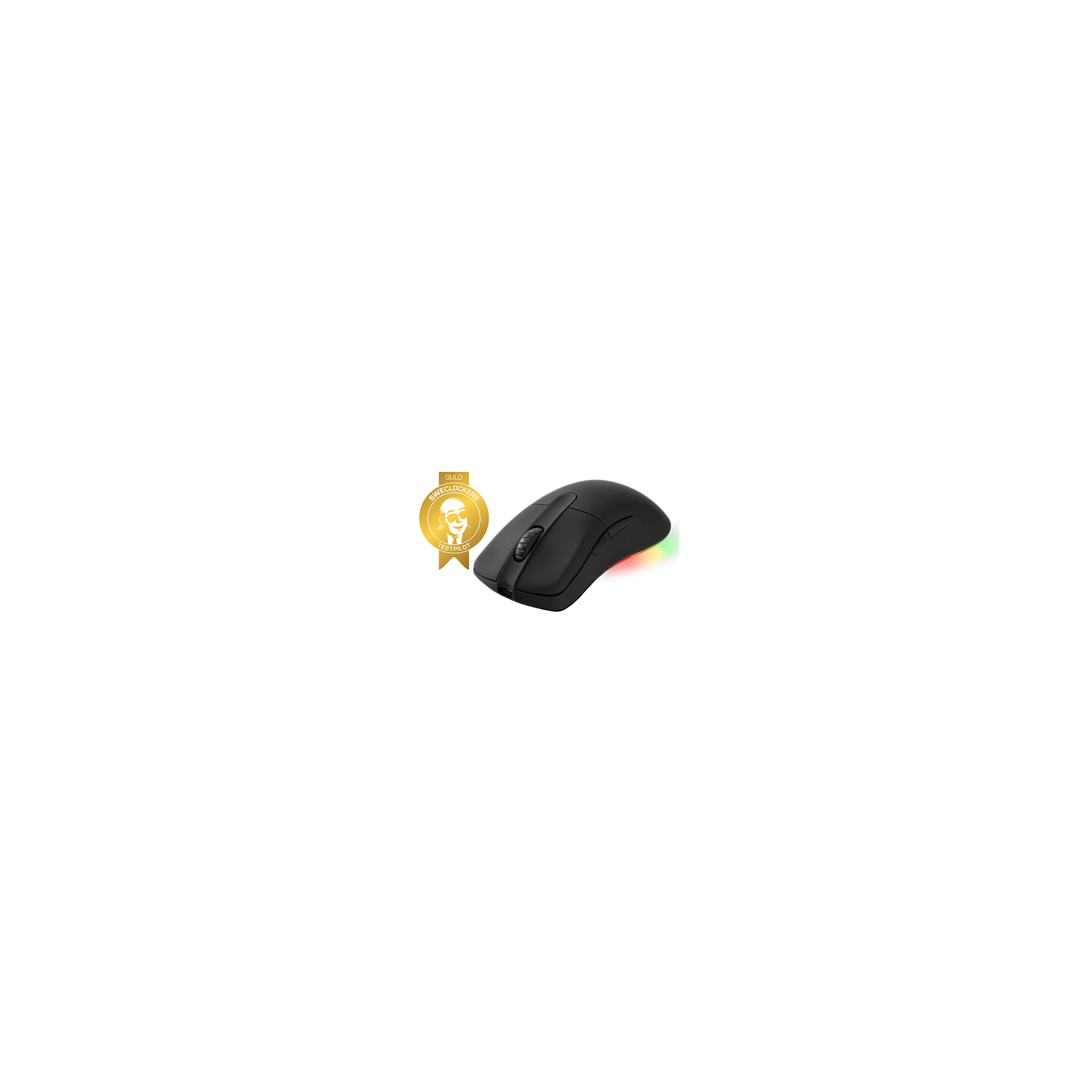 Zwarte draadloze muis met een gouden award badge, geïsoleerd op een witte achtergrond.