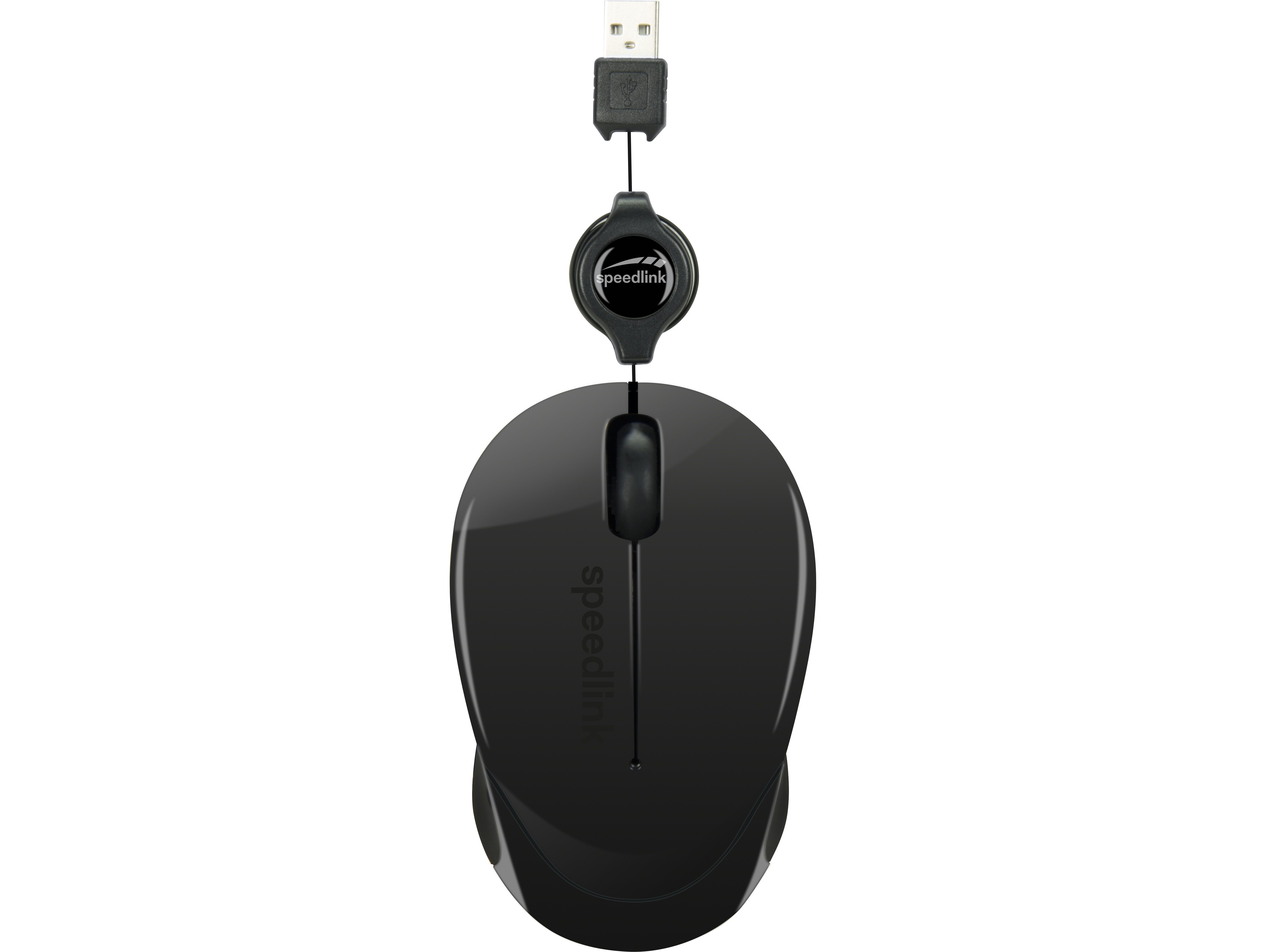 Zwarte intrekbare muis met USB-aansluiting, liggend op een wit oppervlak.