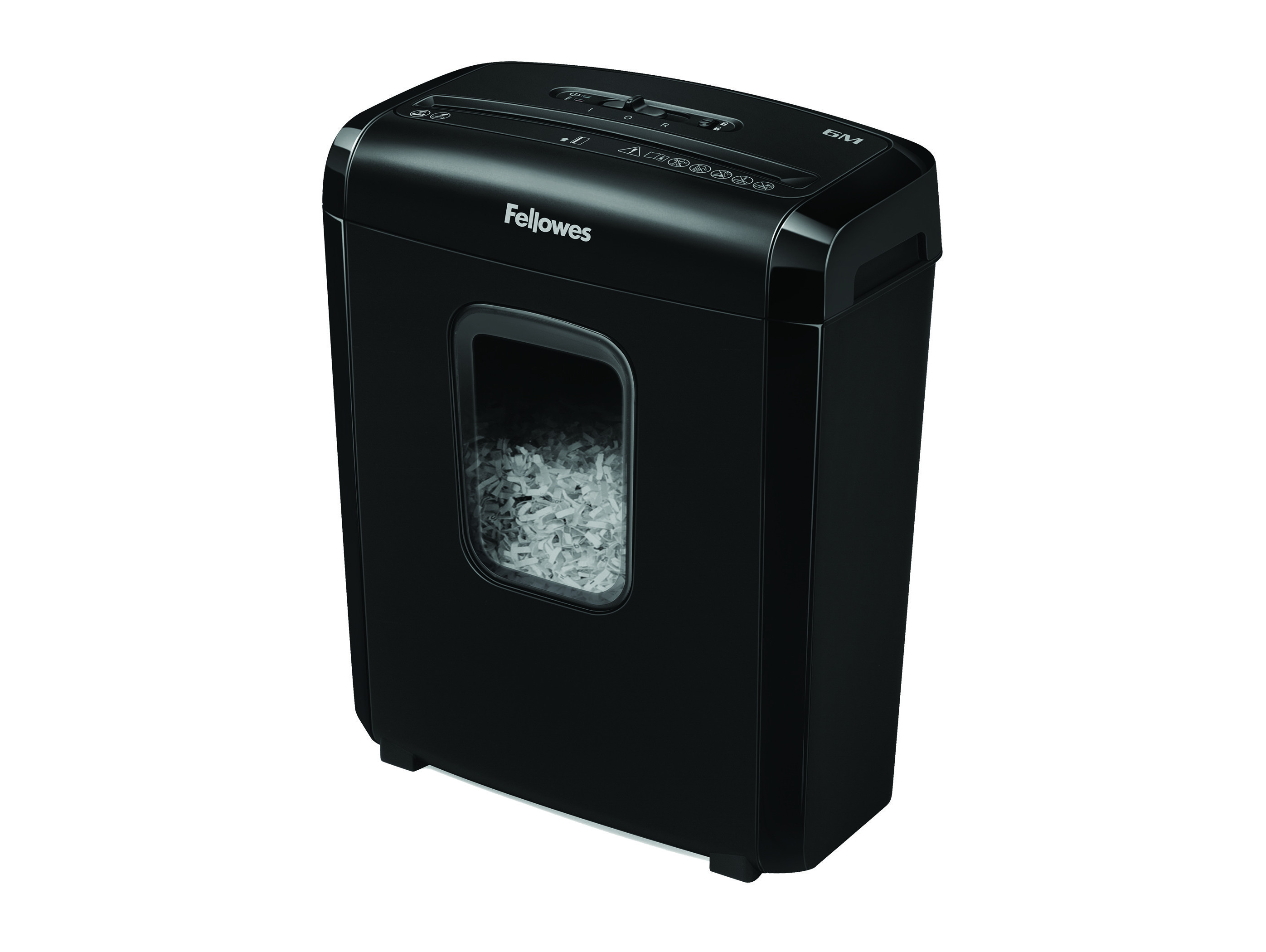 Czarna niszczarka do papieru z okienkiem do wglądu w pocięty papier.