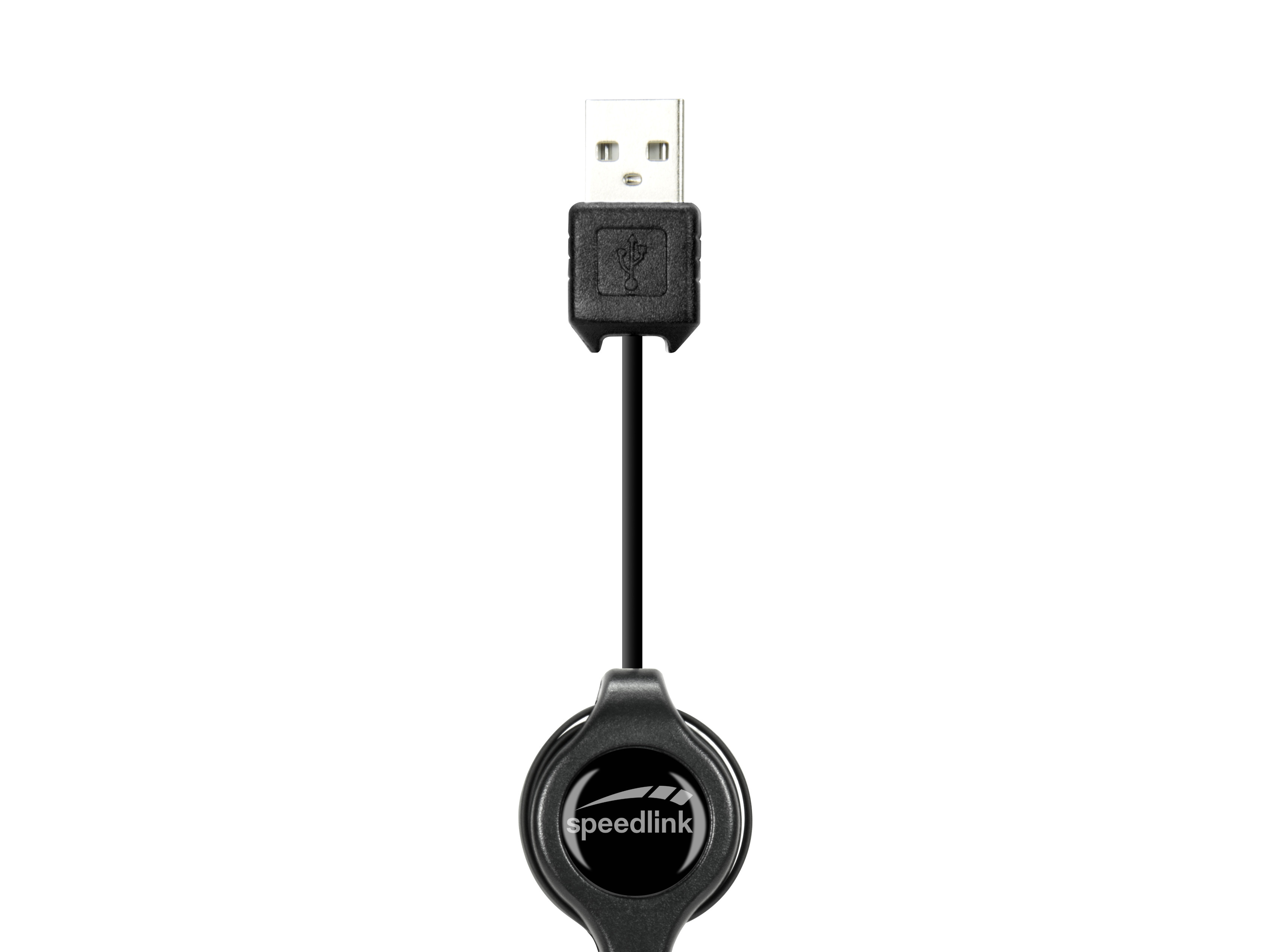 Een zwarte USB-kabel met het Speedlink-logo op een intrekbare houder.
