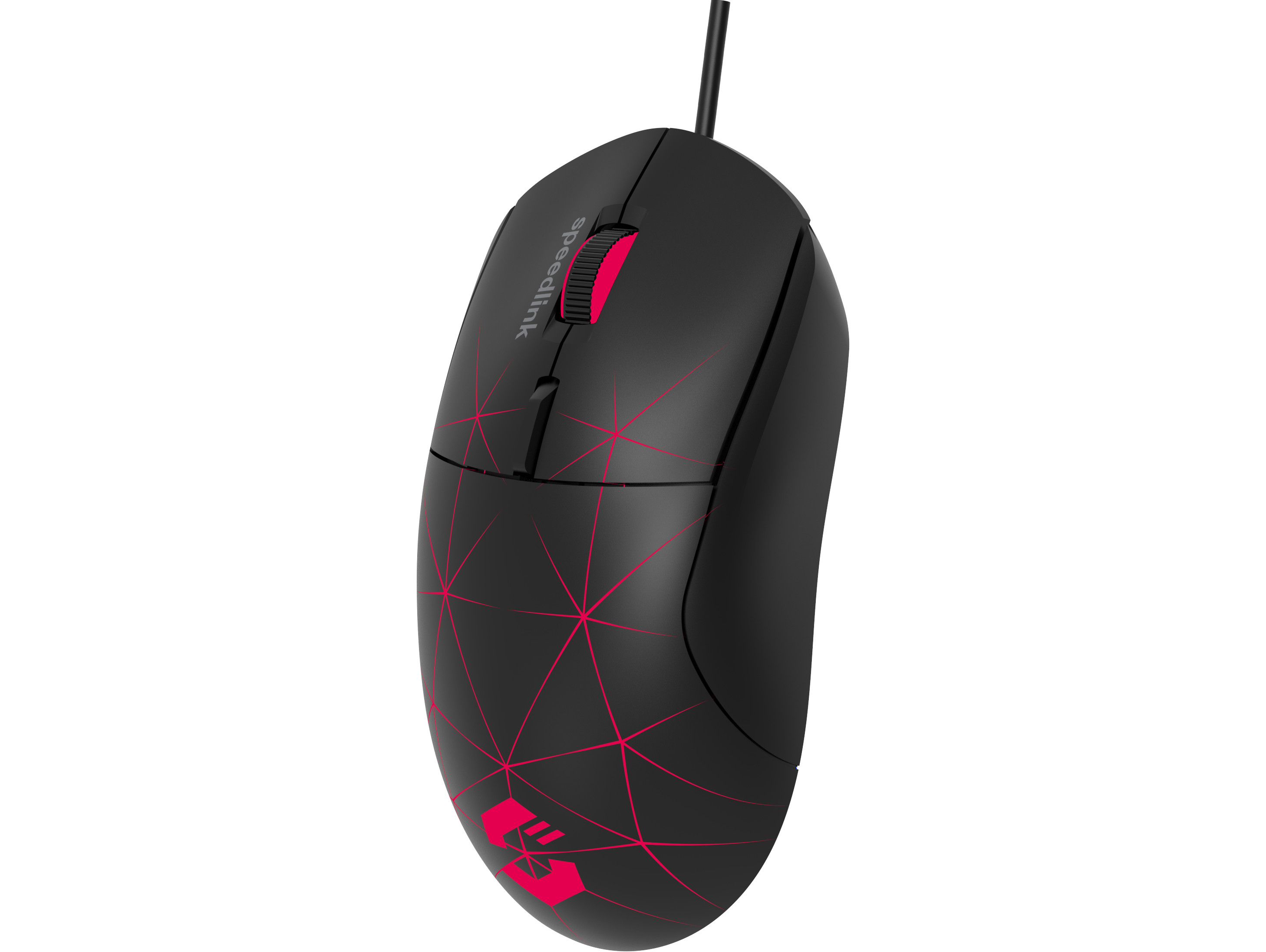 A black computer mouse with red accents. A red illuminated design is on the mouse surface.