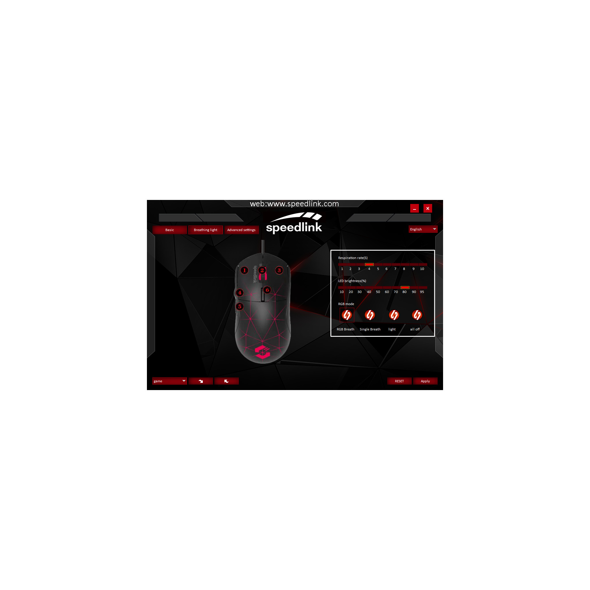 A black gaming mouse on a computer screen showing settings. Red neon lights and buttons.