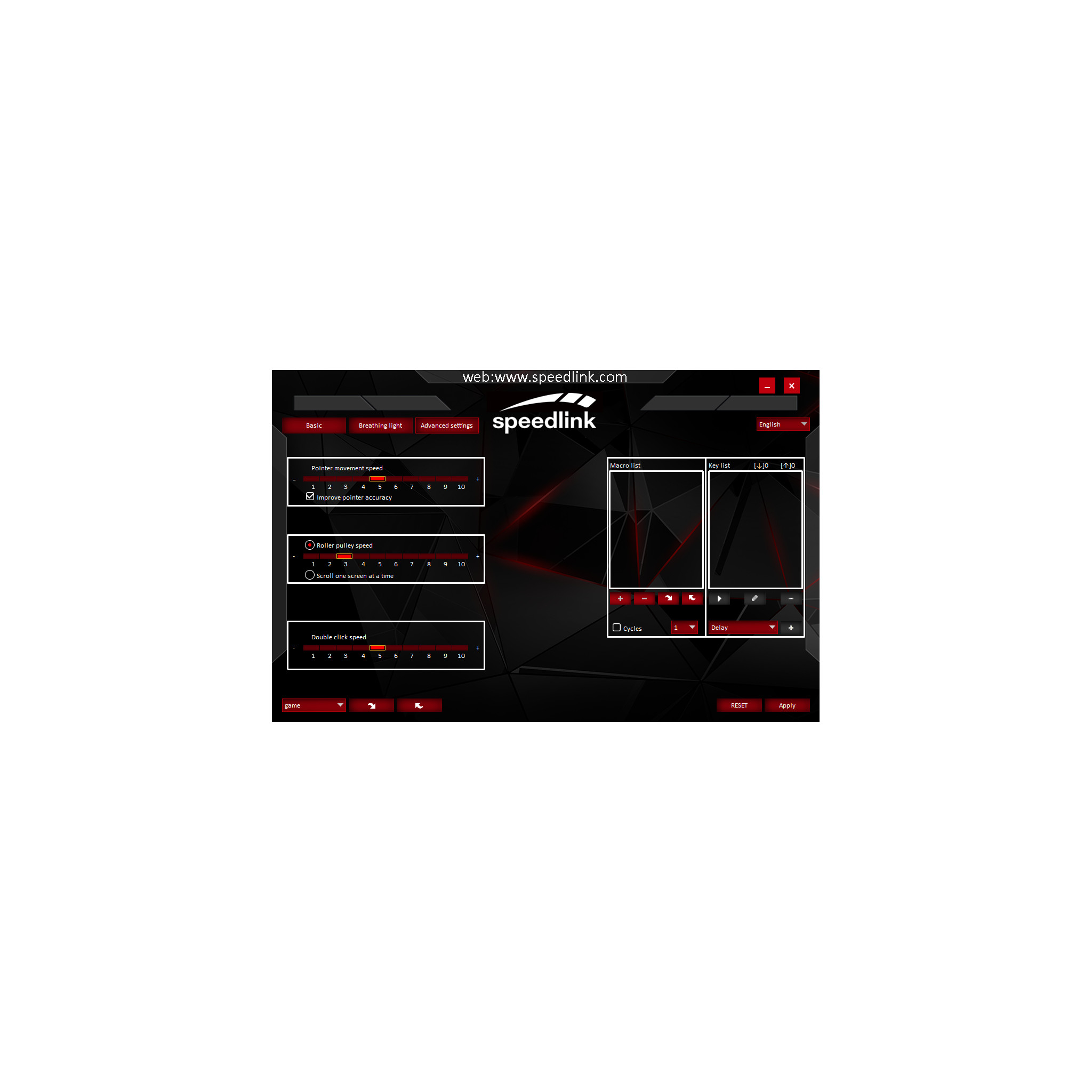 Black and red speedlink software interface, showing settings for pointer speed and lighting effects.