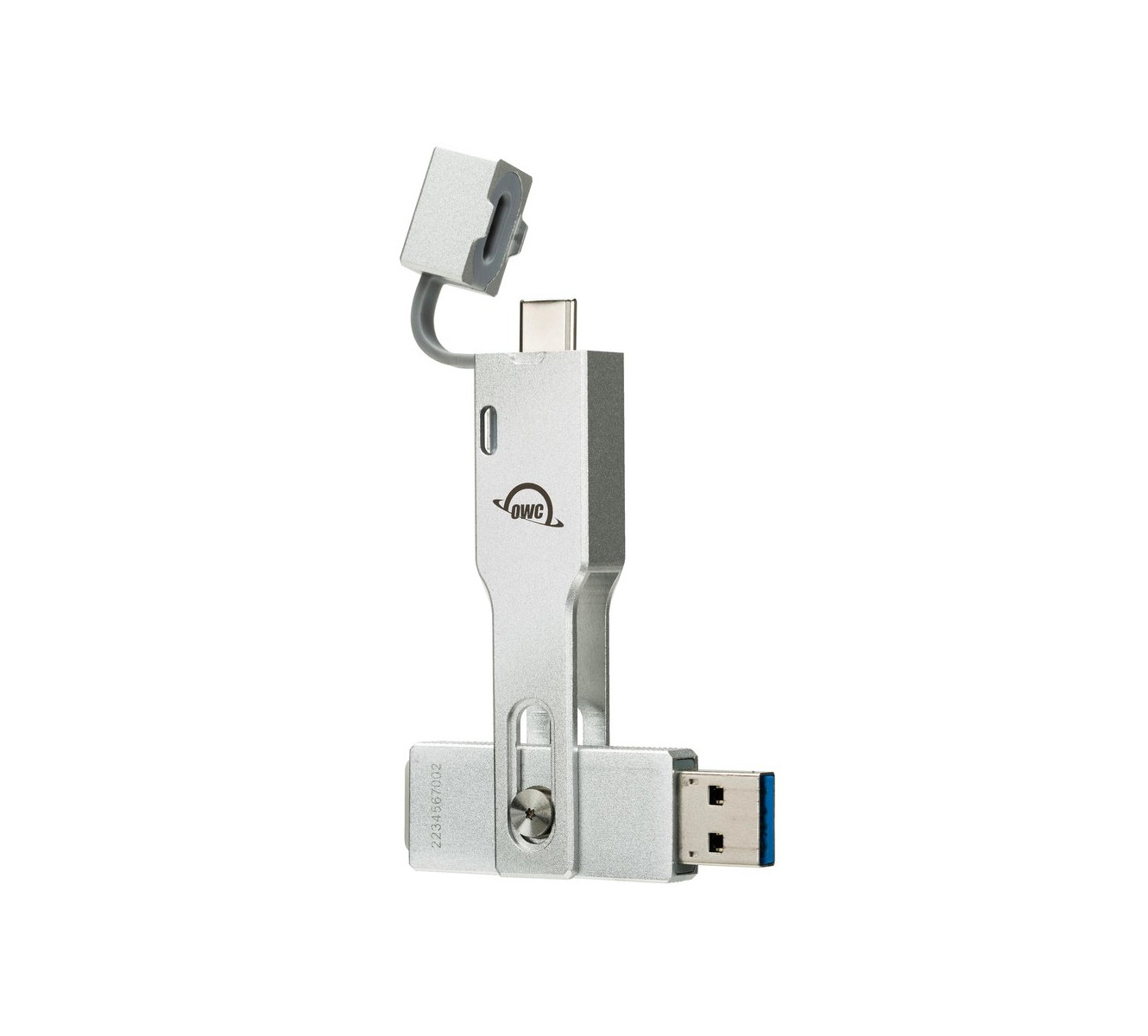 Srebrny pendrive z złączem USB-C i złączem USB.
